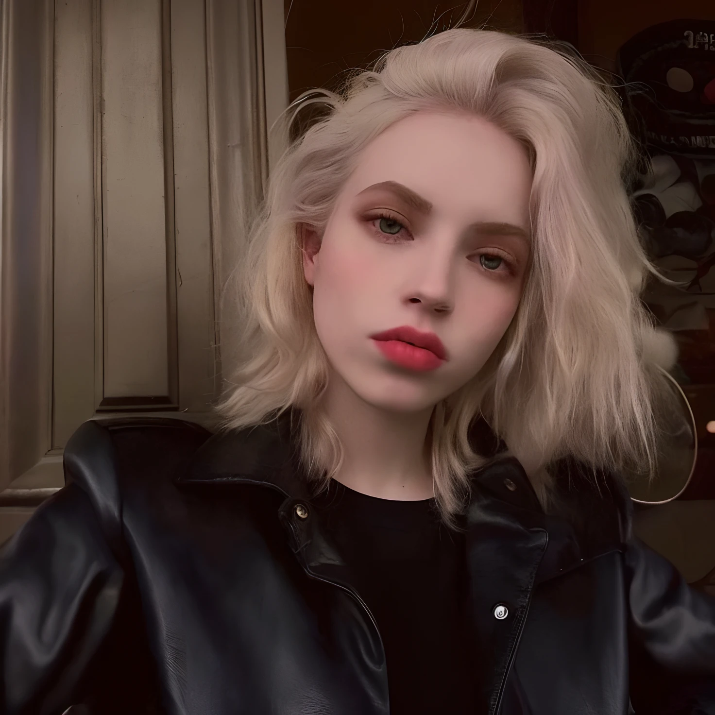 mulher loira com uma jaqueta de couro preta e batom vermelho, extremely pale blond hair, pale skin curly blond hair, very very pale blond hair,  com cabelo branco curto, ava max, cabelos curtos loiros descoloridos, inspirado em Elsa Bleda, her hair is white, pale hair, an epic non - binary model, uma meninaabelo loiro, menina perfe cabelos brancos