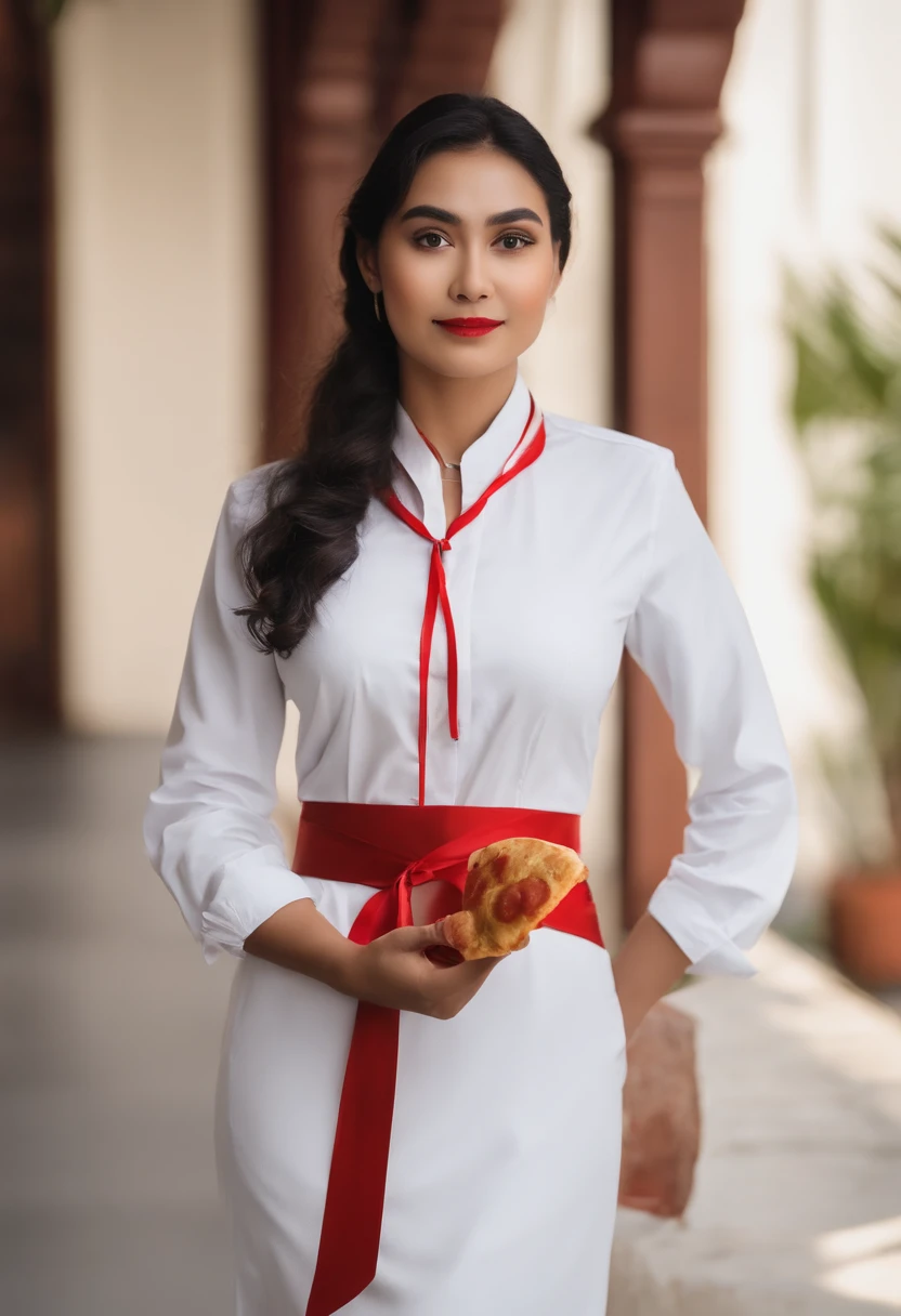 There is a woman in a white shirt with a red ribbon on her chest, Nivanh Chanthara, fita branca, foto de perfil 1024px, apenas com vermelho, Thawan Duchanee, Red ribbon, Obra-prima maravilhosa, jia, 18 anos, branco vermelho, em paz, Yuli Ban, chan sakimi, Wearing a headmistress's uniform with a piece of pizza in her hand