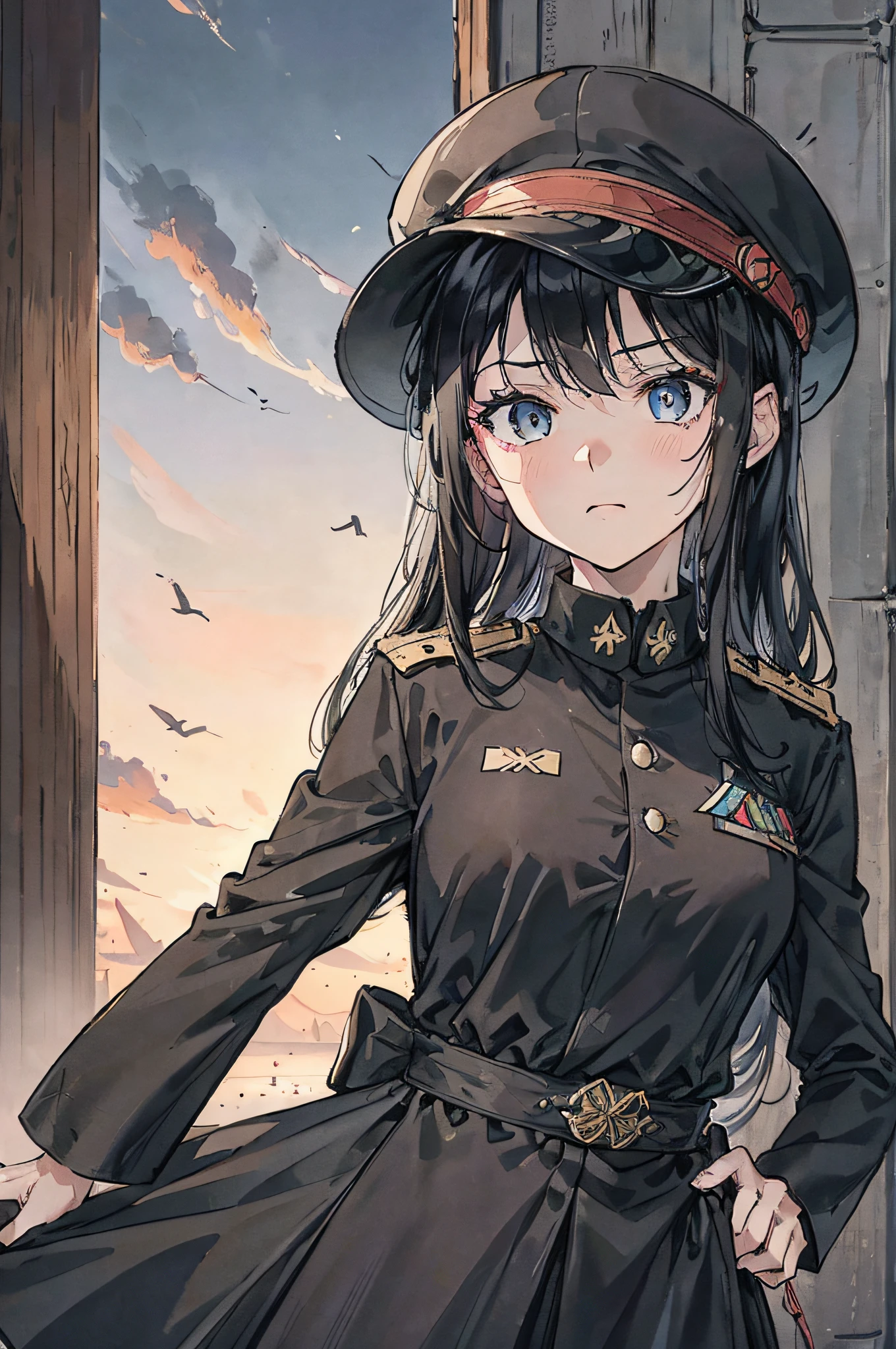 Wearing a military uniform(Black)、Wearing a black hat diagonally, One eye is hidden by the brim of a hat、Serious face、Focus on girls、Clothes fluttering in the wind、Facing the front