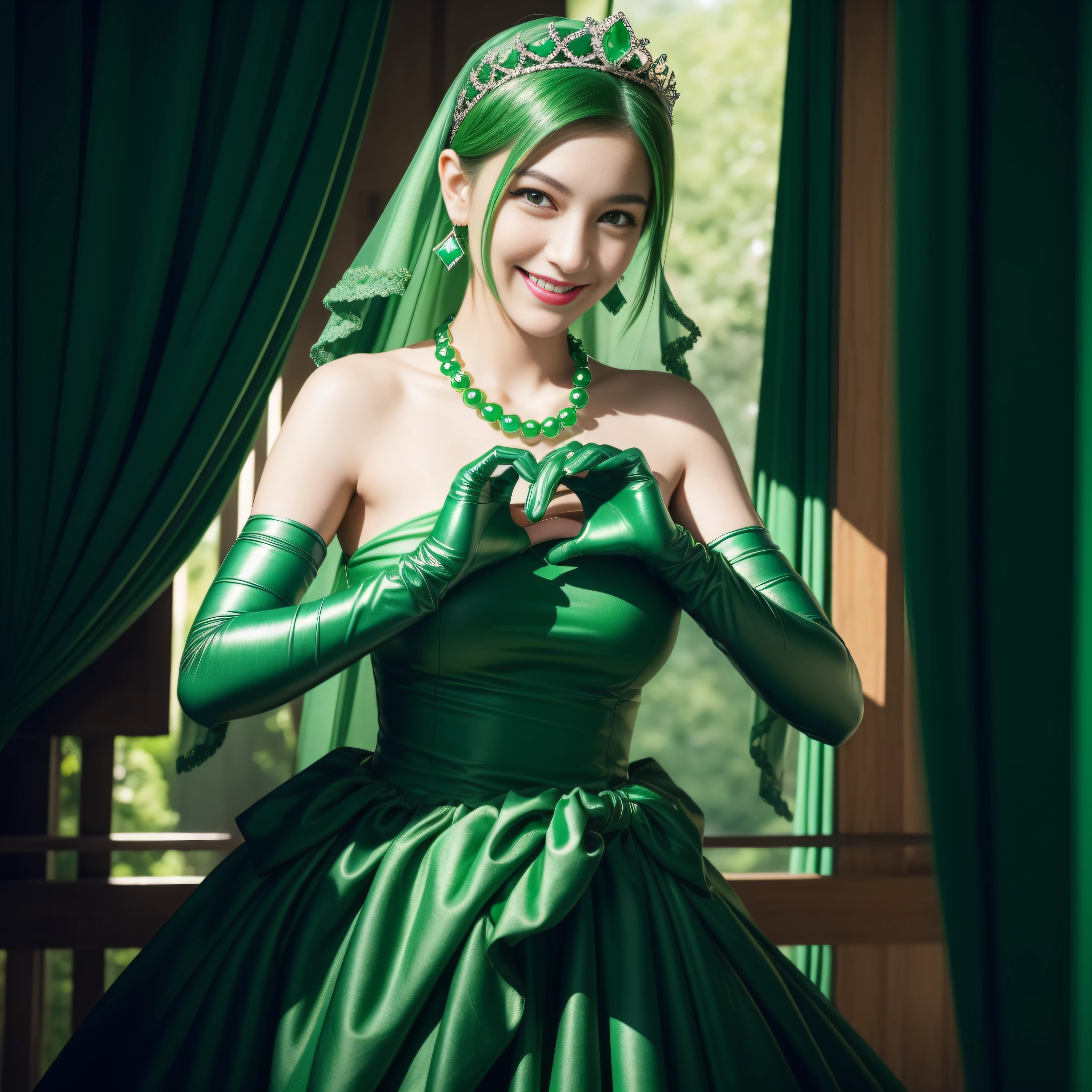 emerald tiara, Green Pearl Necklace, Boyish very short green hair, lipsticks, Japan woman smiling, very short short hair,  big breasts beautiful, Green eyes, Long green gloves made of satin material, Green eyes, Emerald Earrings, green vale, Heart with both hands