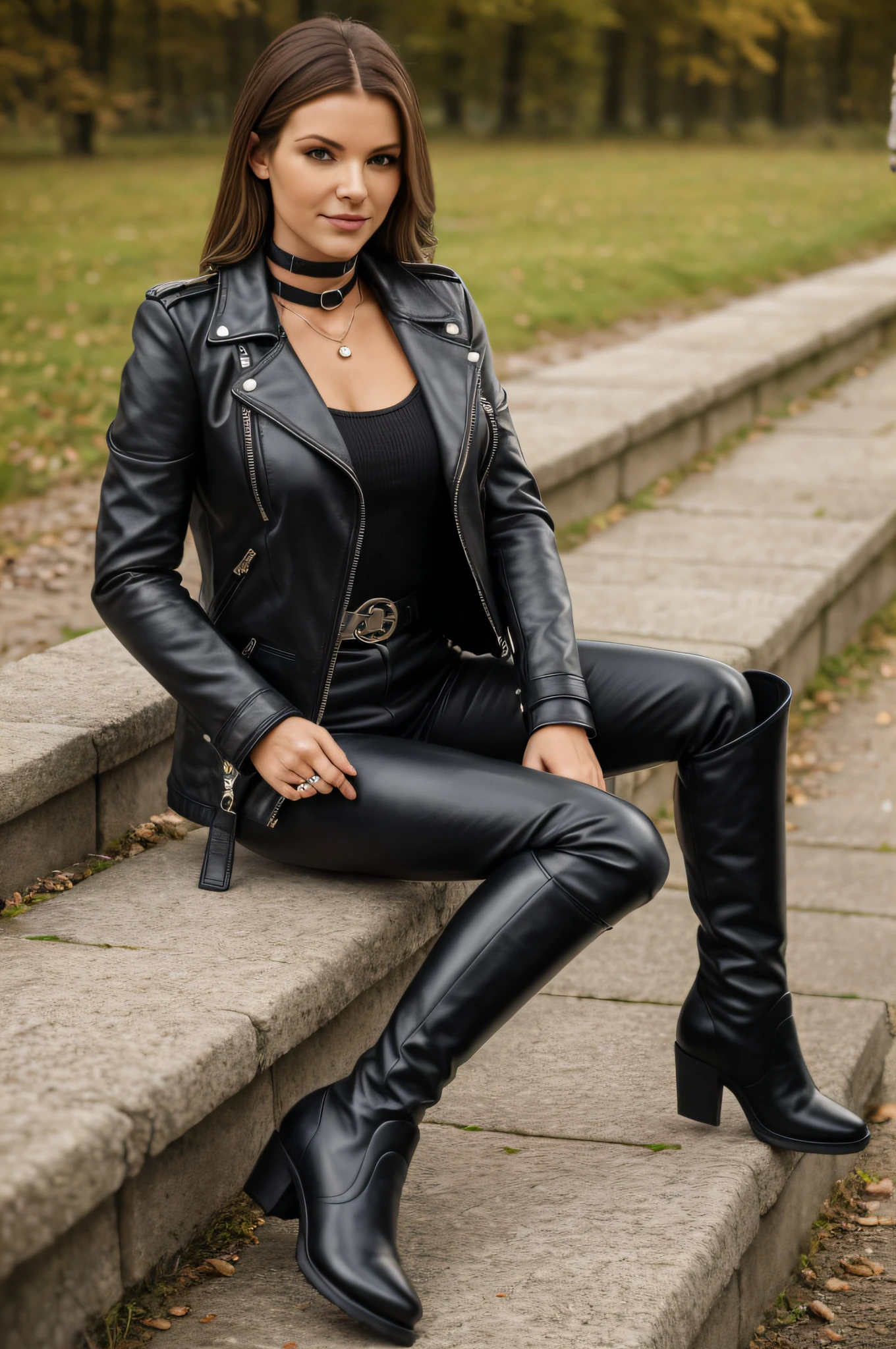 Frau im Lederoutfit sitzt auf einer Bank, Lederbekleidung und Stiefel, Nietenhalsband, belts, Lederbekleidung, in schwarzes Leder gekleidet, in einem Vollleder-Outfit, Lederbekleidung, bekleidet mit kurzer Lederjacke, Leder, Lederstiefel, in Biker-Leder gekleidet, Lederstrümpfe, hohe Stiefel, Domina, Geliebte, imposant und dominierend, bekleidet mit Lederjacke, Tragen von Leder