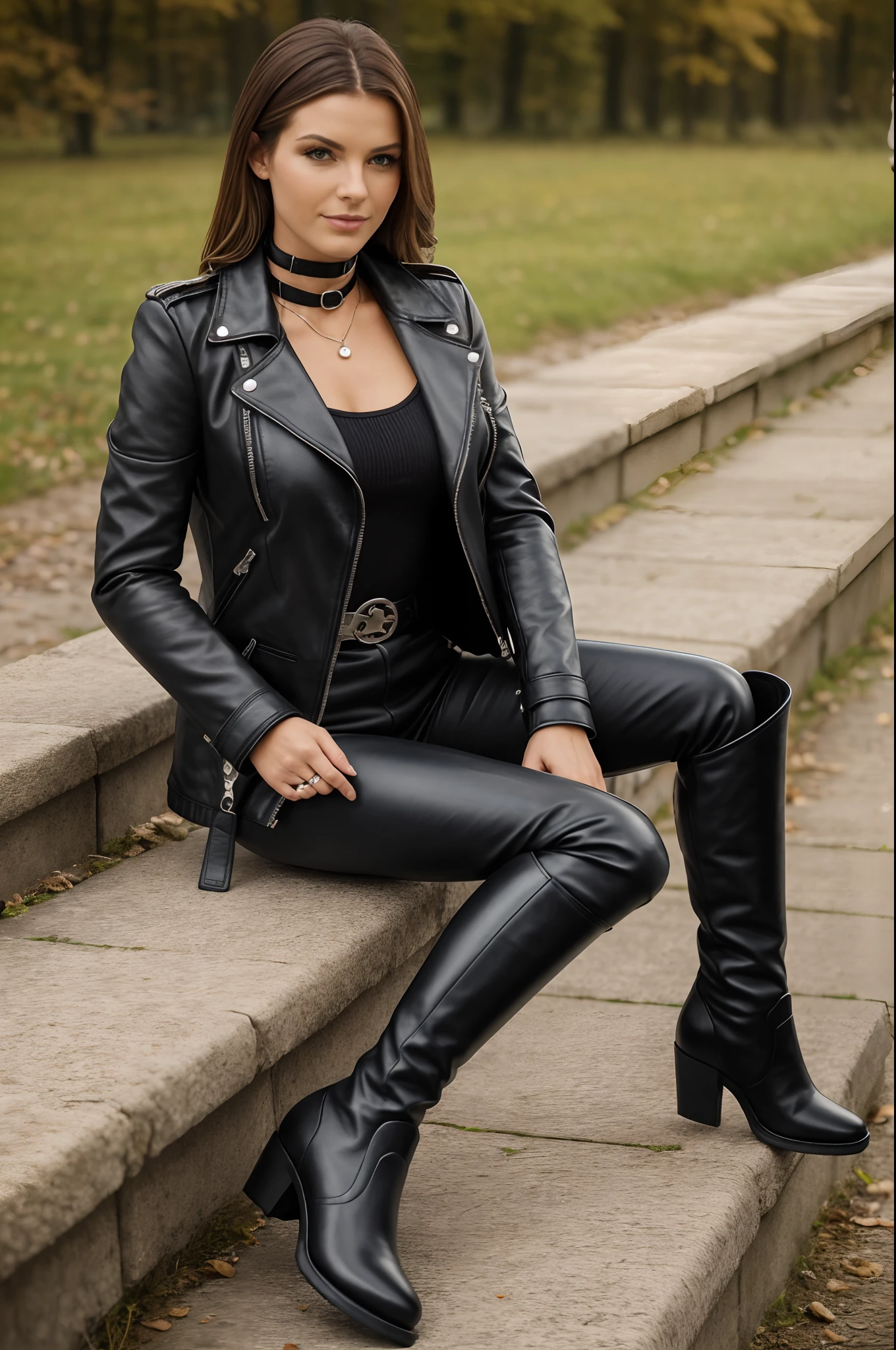 Frau im Lederoutfit sitzt auf einer Bank, Lederbekleidung und Stiefel, Nietenhalsband, belts, Lederbekleidung, in schwarzes Leder gekleidet, in einem Vollleder-Outfit, Lederbekleidung, bekleidet mit kurzer Lederjacke, Leder, Lederstiefel, in Biker-Leder gekleidet, Lederstrümpfe, hohe Stiefel, Domina, Geliebte, imposant und dominierend, bekleidet mit Lederjacke, Tragen von Leder