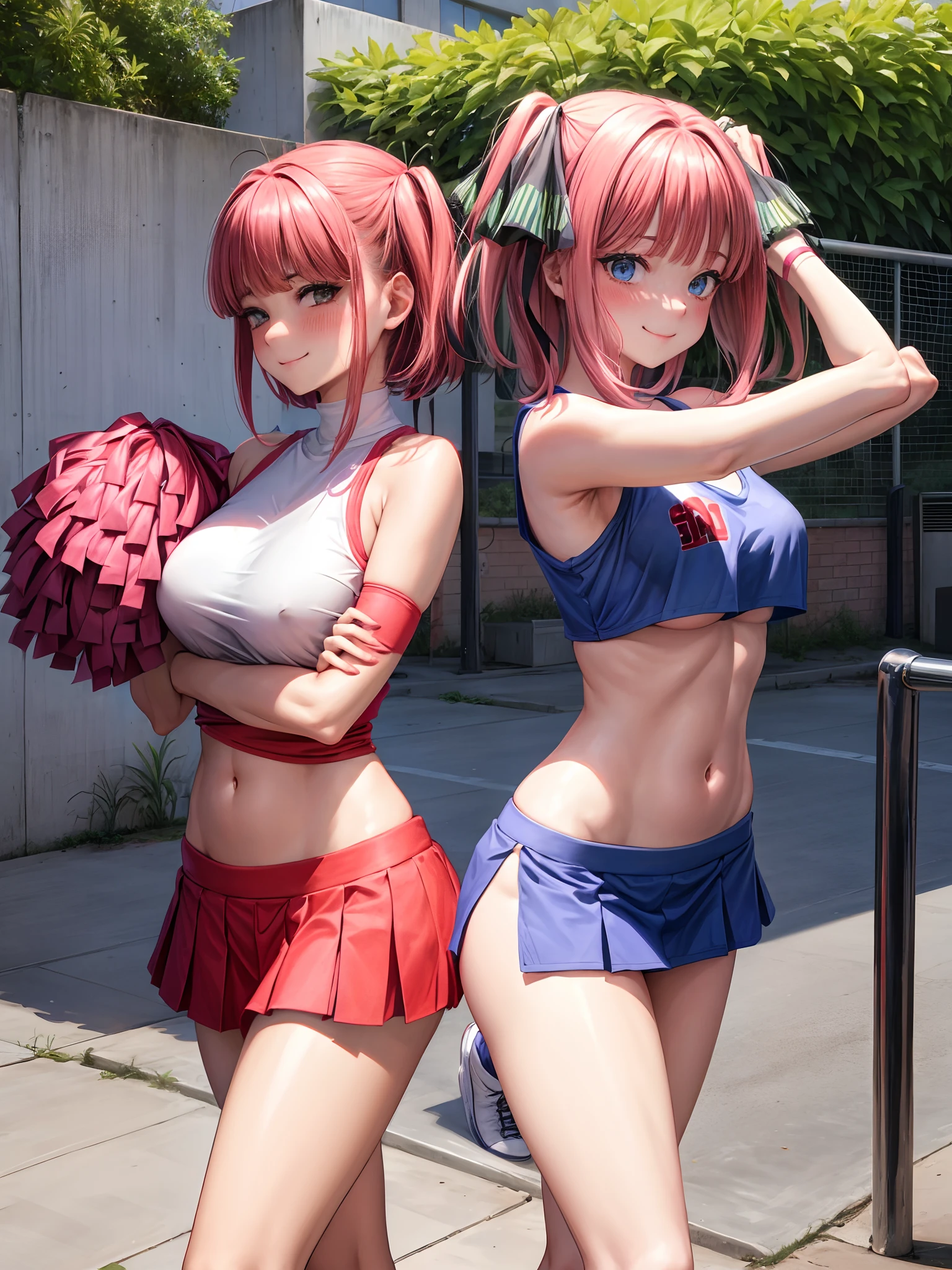 Medium tits、a navel、a miniskirt、Red Buruma、Raw feet、armpit、Beautiful thighs、is standing、outside of house、sports ground、red blush、A smile, cheerleaders、pompoms、Raising one leg、Pink medium hair、