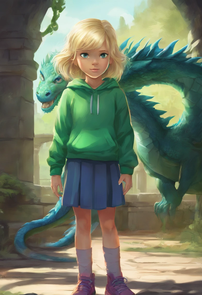 Top Resolution 8K A Very Beautiful Girl Blonde Blue Eyes In Green Sweatshirt In Skirt Looking At A Blue Dragon Ultra Detailed Ultra Realistic Shadows