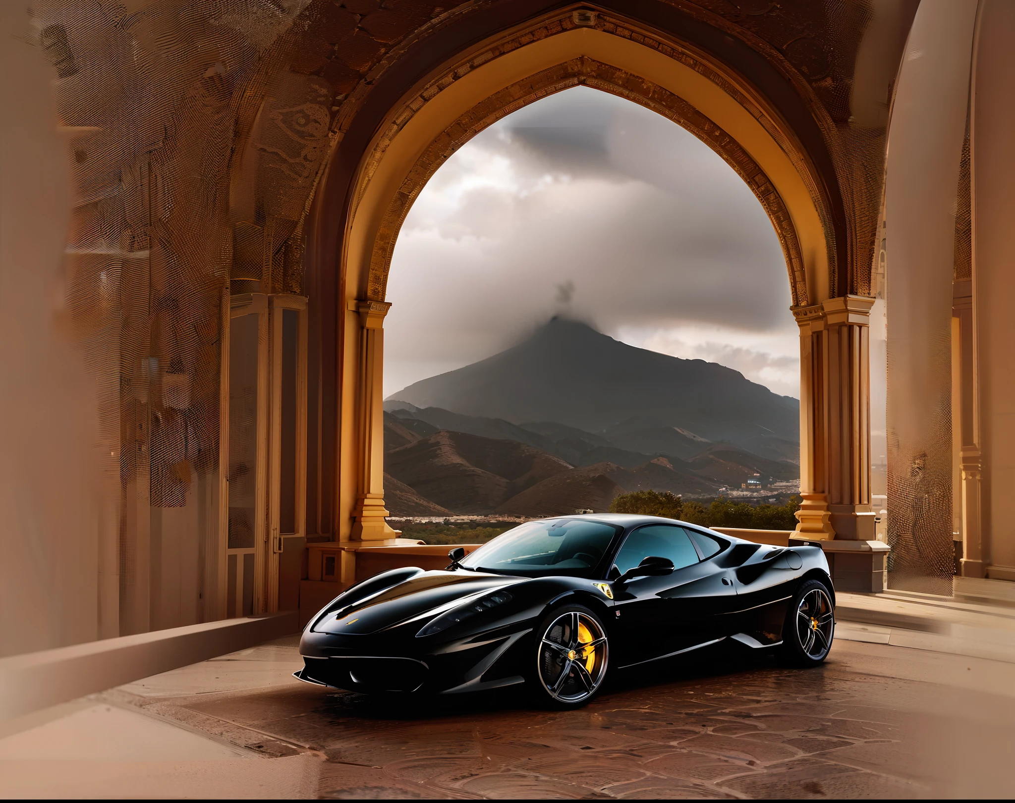 arafed black sports car parked in front of a large arch, a picture by Alexander Robertson, pexels contest winner, baroque, automotive photography, ferrari, supercar, car photography, vehicle photography, wallpaper mobile, high quality wallpaper, auto photography, luxury lifestyle, rich contrast, stunning atmosphere, black car, intense contrast, lamborghini, stunning vista, beautiful wallpaper