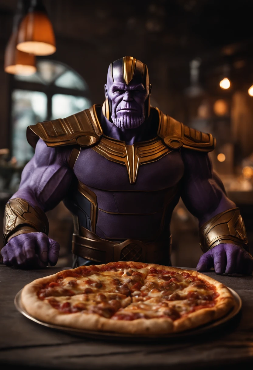 Create the character Thanos glorying with a piece of pizza in his hand and in the background the express pizzeria