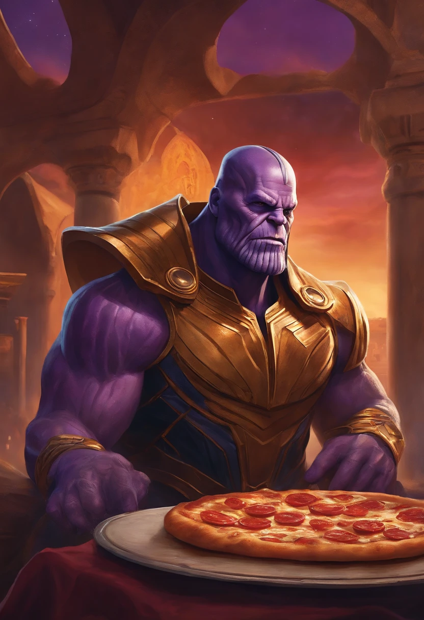 Create the character Thanos glorying with a piece of pizza in his hand and in the background the express pizzeria
