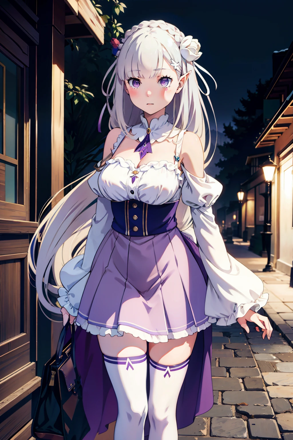 1girl, solo, Emilia, emilia_\(re:zero\), long hair, silver hair, blunt bangs, braid, hair ornament, hair flower, hair ribbon, purple ribbon, purple eyes, blush, low-tied long hair, elf, dress, bare shoulders, detached sleeves, wide sleeves, cleavage, pleated skirt, thighhights, white legwear, white shoes, outdoors, (masterpiece:1.2), highres, best quality, 8k, very clear,