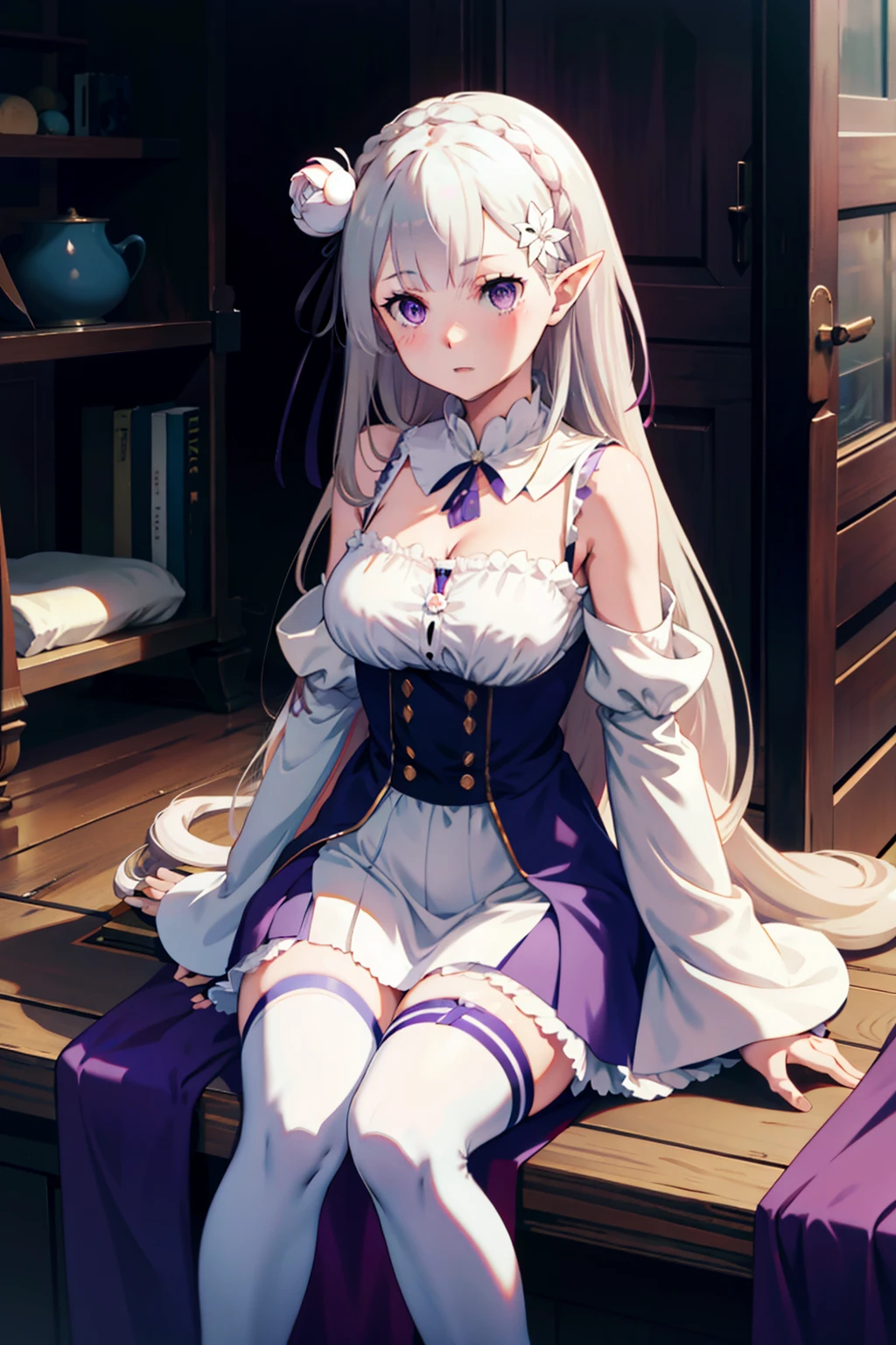 1girl, solo, Emilia, emilia_\(re:zero\), long hair, silver hair, blunt bangs, braid, hair ornament, hair flower, hair ribbon, purple ribbon, purple eyes, blush, low-tied long hair, elf, dress, bare shoulders, detached sleeves, wide sleeves, cleavage, pleated skirt, thighhights, white legwear, white shoes, outdoors, (masterpiece:1.2), highres, best quality, 8k, very clear,