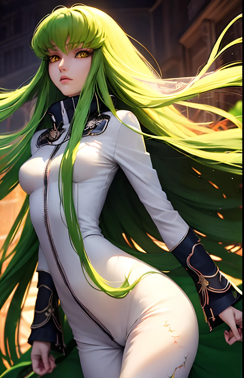 c.c., wavy hair, masterpiece, code geass, very long green hair, shiny metal plate, see-through silhouette, (naked:1.4), (see-through white bodysuit:1.4), best anime sexy girl, 1girl,