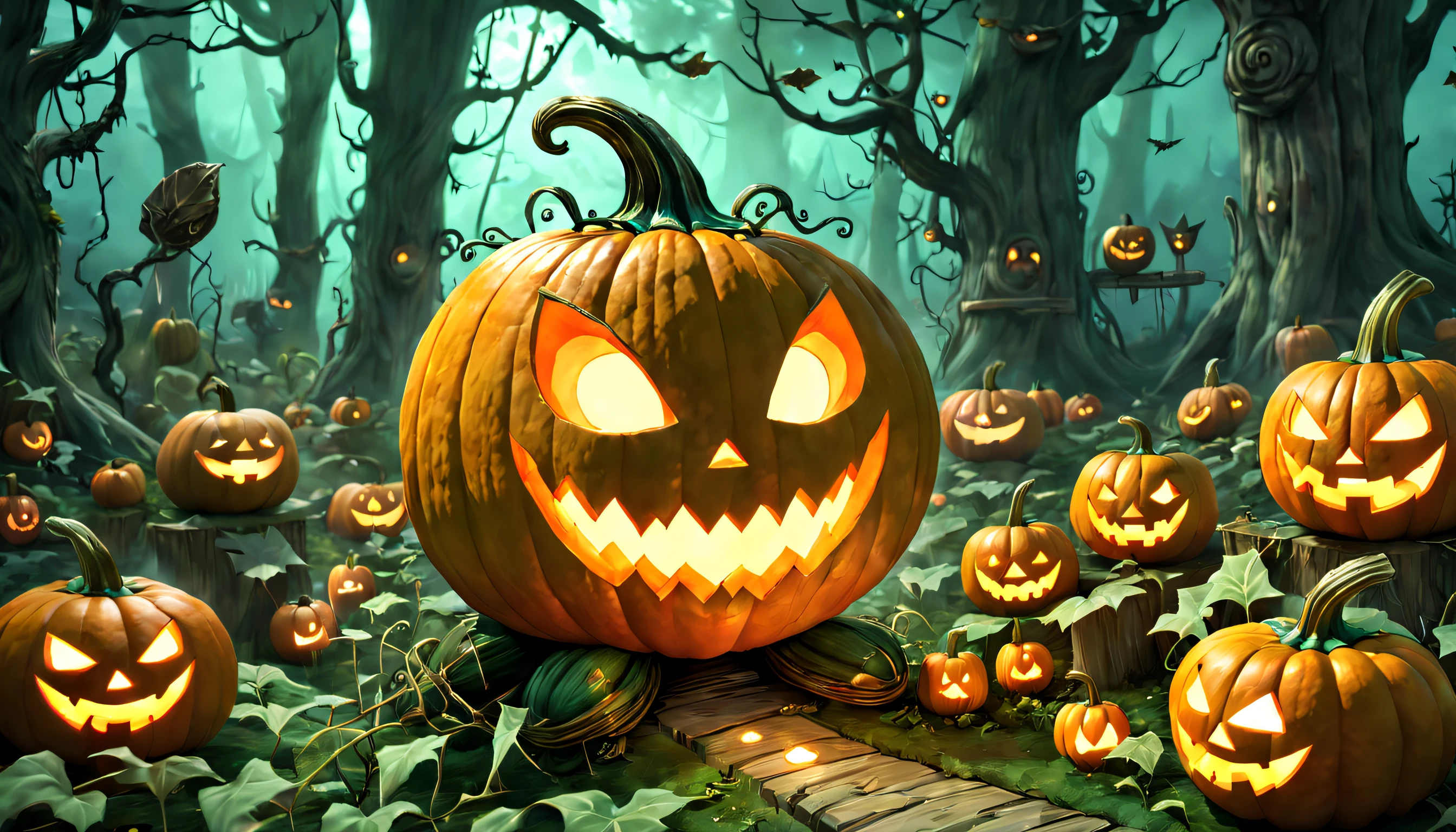 A wise old w00len jack-o'-lantern that houses a collective of protective forest spirits, known as kodama. Warmth and magic radiate from the pumpkin and its joyful inhabitants.