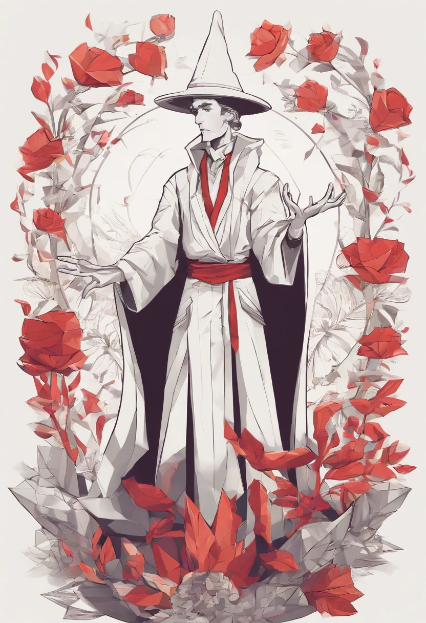 A magician stands with one arm stretched upwards towards the Universe, and the other pointing down to the earth. The Magician’s robe is white, and his cloak is red. On a table in front of him are a cup, pentacle, sword and wand. Above his head is the infinity symbol, and around his waist is a snake biting its own tail. in the foreground is an array of foliage and flowers,