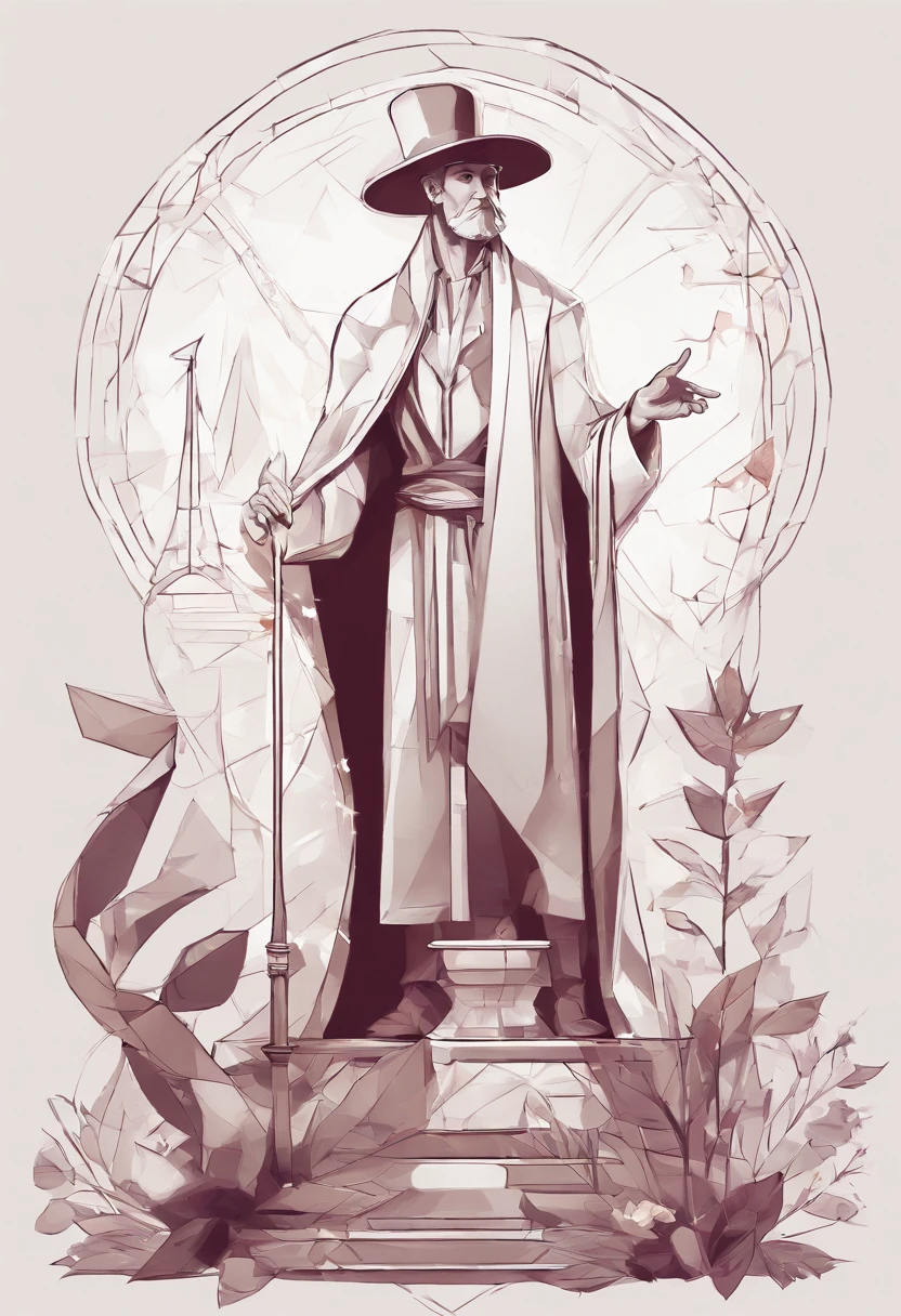 A magician stands with one arm stretched upwards towards the Universe, and the other pointing down to the earth. The Magician’s robe is white, and his cloak is red. On a table in front of him are a cup, pentacle, sword and wand. Above his head is the infinity symbol, and around his waist is a snake biting its own tail. in the foreground is an array of foliage and flowers,