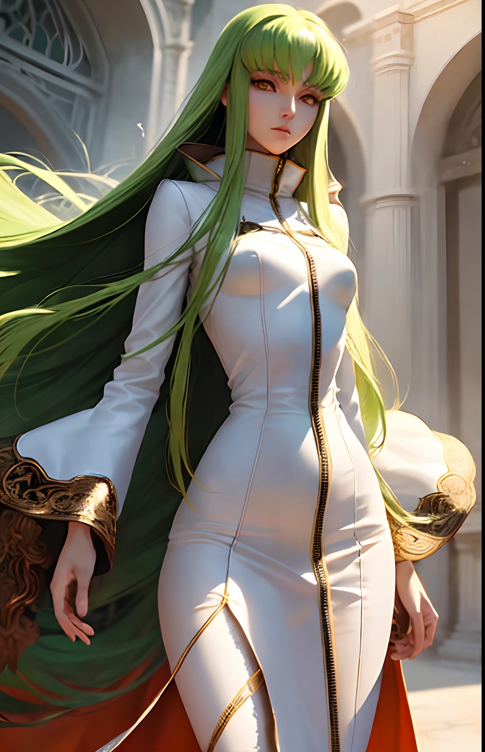 c.c., expressionless,
(masterpiece, best quality, ultra-detailed, best shadow, volumetric lighting), (beautiful detailed face, beautiful detailed eyes), (best illumination),
orange eyes, very long green hair, zipper, white straitjacket,
(cowboy shot:1.3), intense angle,
mksks style, beautiful background, professional lighting, landscape with warm Colors,