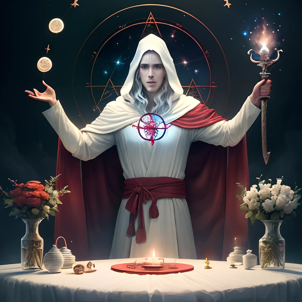 A magician stands with one arm stretched upwards towards the Universe, and the other pointing down to the earth. The Magician’s robe is white, and his cloak is red. On a table in front of him are a cup, pentacle, sword and wand. Above his head is the infinity symbol, and around his waist is a snake biting its own tail. in the foreground is an array of foliage and flowers,