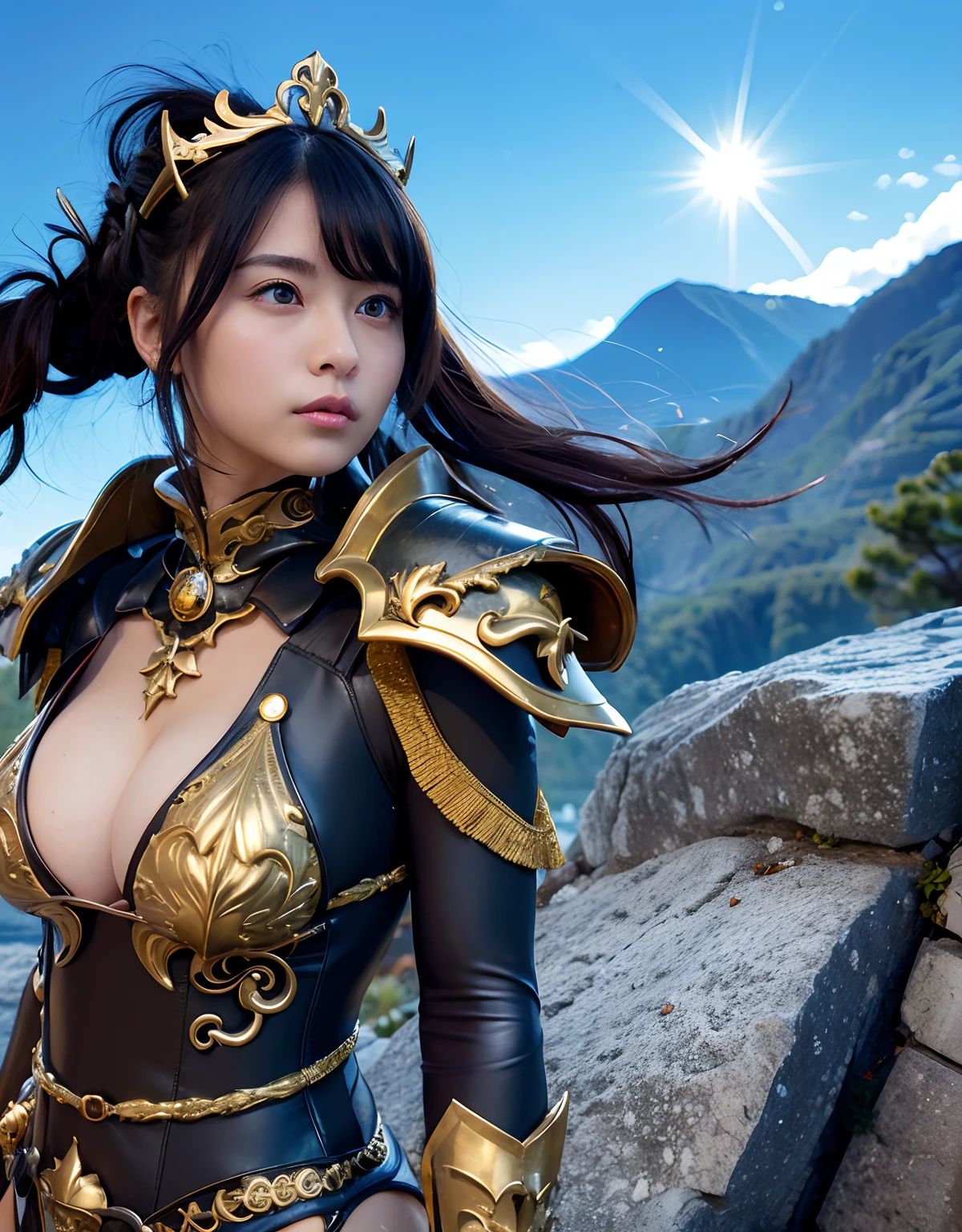 Professional , ​masterpiece、top-quality、photos realistic , 、top-quality、超A high resolution、(Photorealsitic:1.4)、Raw photo、depth of fields （Gemstone Gold Metal Body:1.9),(Matte White、Toostock、heavy breasts、（cleavage of the breast）、(((Micro Bikini Armor))),（Detailed Dragon Armor）、（Have the strongest weapon）、（(Random Hairstyles 1.6),Dark Fantasy,）explosions、intense fighting、（Precipitous cliffs),Dragon Gold Weapon,Mystical expression、Particles of light、Fight dragons、（Detailed Dragon Helmet),Gorgeous Silver Weapons ,（（ Dragon's dense and gorgeous sword）） , Beautiful knife   ,warhammer 40k ,Detail and gorgeous tiaras、（（Blue hair））、（Castle background）、、（（Gangle's forest background））、Beautiful Caucasian beauty、１a person、dynamic ungle,(((With detailed shielding)))、Smaller head、A smile、Castle background、Thin and beautiful female hands、cleavage of the breast、Soldier in iron armor on background、Mystical expression、Light Effects、intense fighting、Wind-effect、magic circles、With the legendary magic wand、（demonic wings）、Toostock、