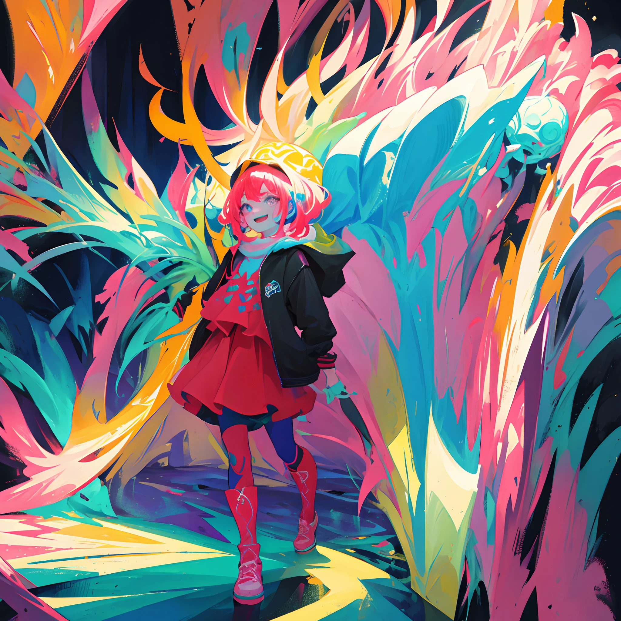 Primer plano de una pintura en color de un demonio de boca grande, Psychedelic laughter demon, Arte de color aterrador en 4K, Fondo colorido y ominoso, psychedelic cosmic horror, Arte digital hiper color, colores brillantes muy detallados, explosiones coloridas, Colorido arte de terror, Colorful cinematic art, Ilustraciones coloridas, Vibrant Neon Ink Paint, Arte detallado aterrador en color