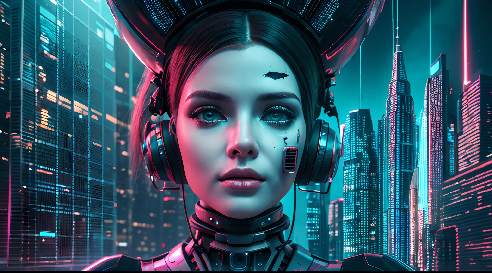 Artificial woman, futuristic technology, movie scenes, 3D modeling, surrealism, cyberpunk, decaying city, computers, chatgpt, AI robot close-up --auto --s2