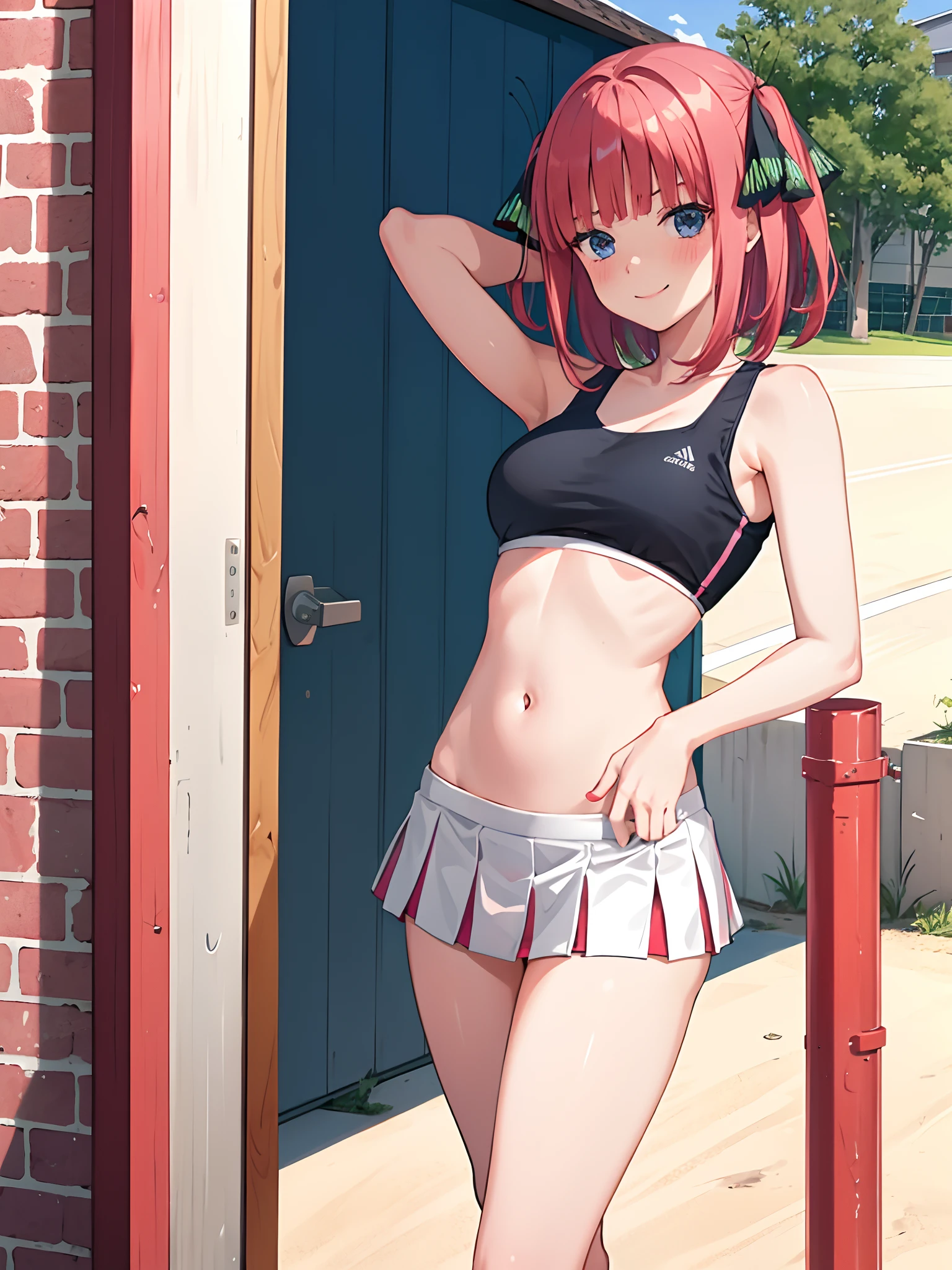 1girl, Medium tits、a navel、a miniskirt、Red Buruma、Raw feet、armpit、Beautiful thighs、is standing、outside of house、sports ground、red blush、A smile, cheerleaders、pompoms、Raising one leg、Pink medium hair、panties, upskirt