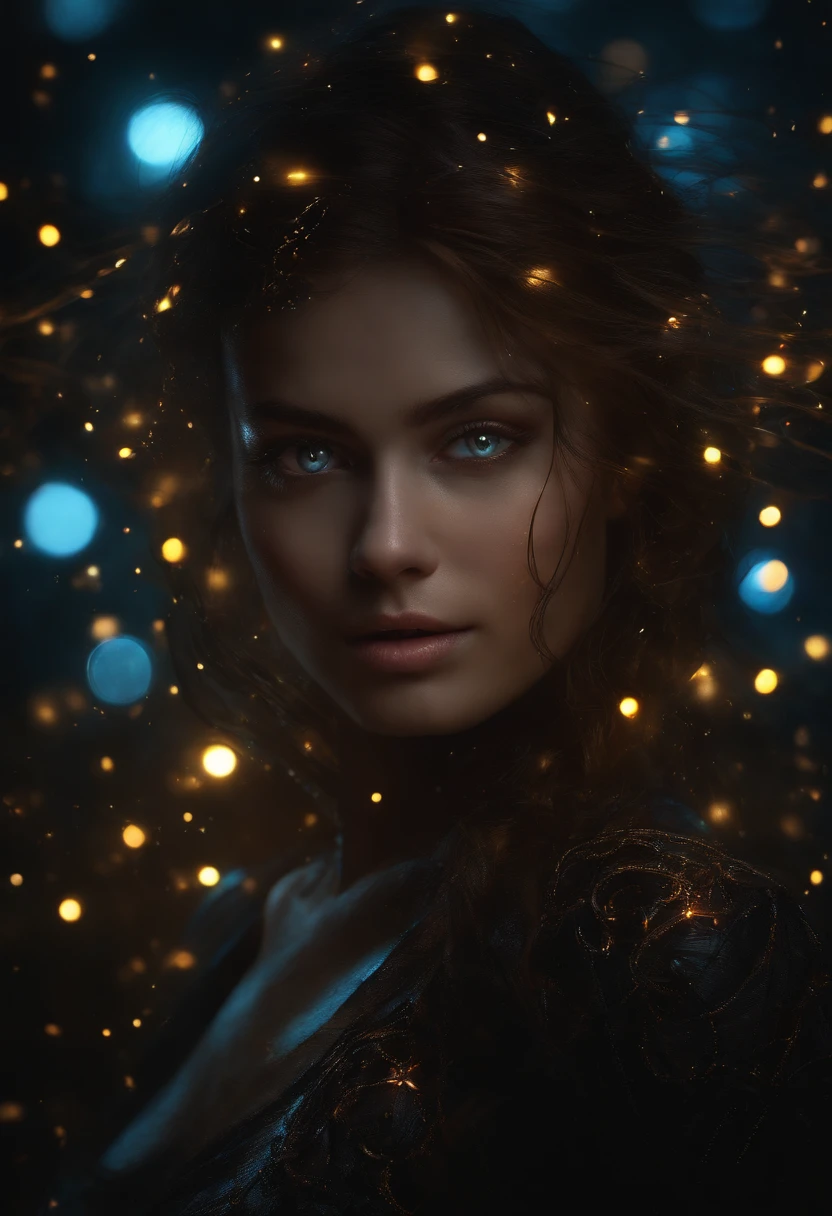 girl sexy, glowing light eyes, Biomechanical, eerie, Creepy, nightmarish, Very bright colors, Light particles, with light glowing, Mshiff, wallpaper art, UHD wallpaper