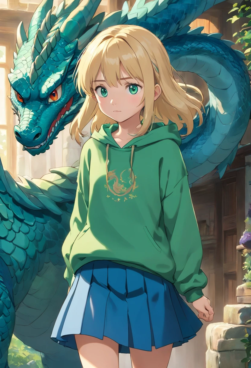 Digital Art Top Resolution 8K Image A Very Beautiful 10 Year Old Girl Blonde Blue Eyes In Green Sweatshirt In Skirt Looking At A Blue Dragon Ultra Detailed Ultra Realistic Shadows