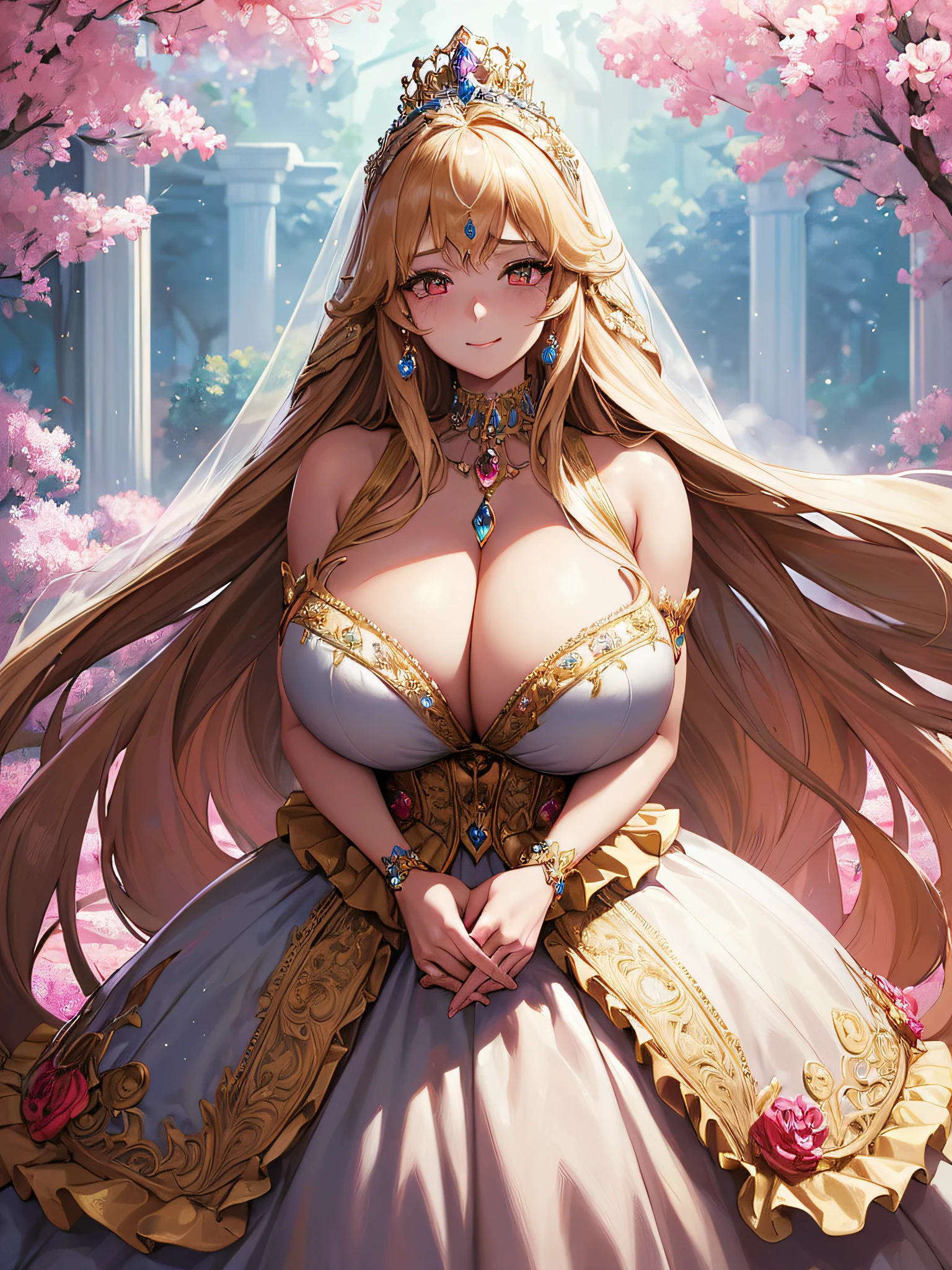 ((Anime Art Style)),(masutepiece),(Best Quality), (Super Detail),(Highly detailed CG Unity 8k wallpaper),((Very delicate and beautiful)),((Full body portrait)),((Stand in the garden)),((Solo)),(((One princess in gorgeous embroidery and jeweled very gorgeous Rococo princess ball gown with voluminous full-length hoop skirt ))),(Crinoline full-length Hoop Skirt),Long Train,((Gorgeous embroidery and jewelry)),voluminous ruffles,(((very very gigantic boobs,Skindentation))),((Very long straight hair,Very voluminous straight long hair,Very long straight hair)),(finely detailed face and eyes),((Seductive smile,embarrassed)),Beautiful eyes like jewels,Very gorgeous hair ornament,(A very gorgeous tiara adorned with bling-bling jewels),((Glitter Gorgeous Gemstone Jewelry)),Gorgeous Long Veil,(opera gloves),(Beautiful background),(Full body),((gorgeous embroidery and jeweled gorgeous Rococo princess ball gown with voluminous full-length hoop skirt)),