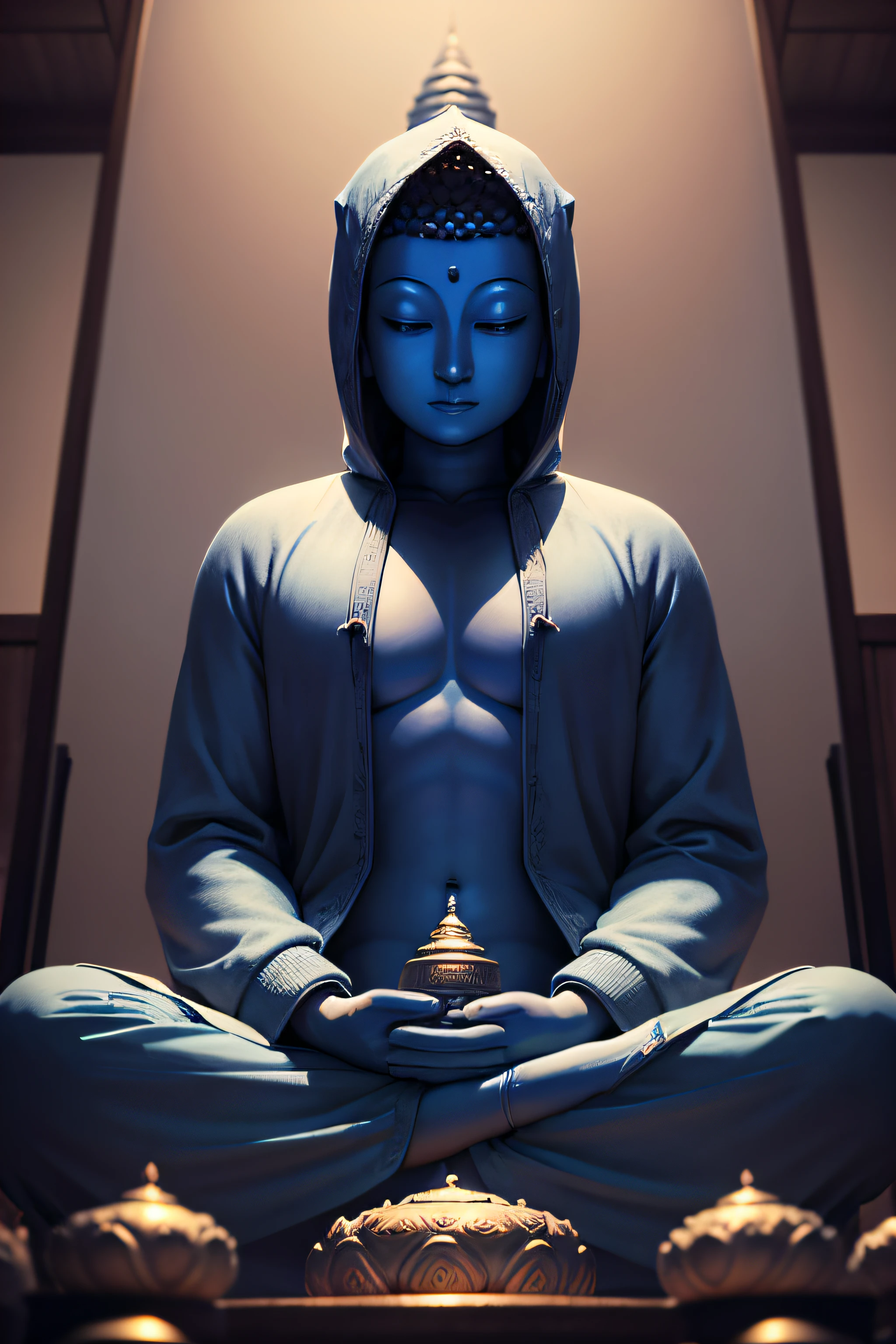 There is a blue Buddha statue facing the front and wearing a hoodie hood,Buddha, the buddha, buddhism, beautiful image,Buddha,buddha