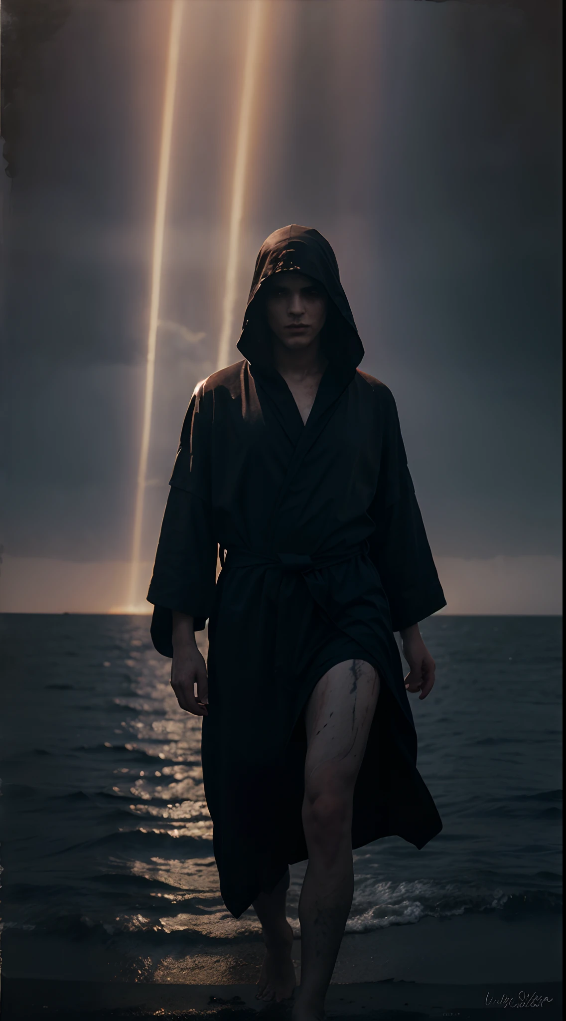 robed figure, skeleton, mystical, dark, black robe, blood red rose, strong contrast, darkness, bright rays of light behind, the sea in the background, watercolor effect, lwatercolor, painting, masterpiece, best quality, ultra-detailed, intricate details, depth of fie