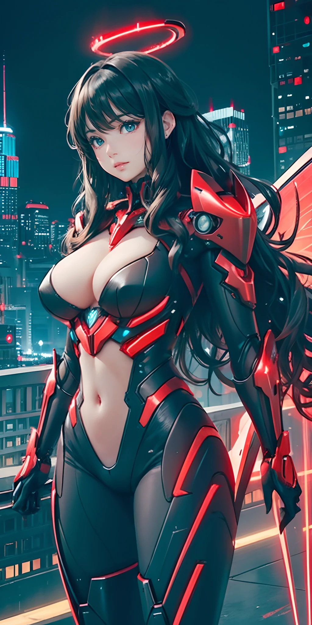 best quality, a beautiful woman, long wavy hair, red futuristic mech armor, neon halo, mechanical wings, perfect slim fit body, large breasts, skyscraper rooftop, realism, elaborate details, late evening, cyberpunk, black accents