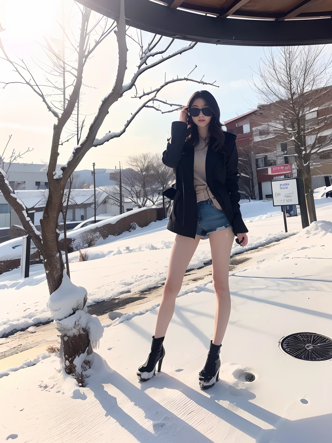 A Japanese Lady、beauitful face、二重まぶた、Big eyes、cabelos preto e longos、Black sunglasses、Black coat、beauty legs、Raw feet、Clean bare feet、pin heels、tall、super long legs、model poses、Sexy legs、Oyuki、snow blowing、snow cover、Poor visibility due to blizzard、heavy wind、Hair disheveled in the wind