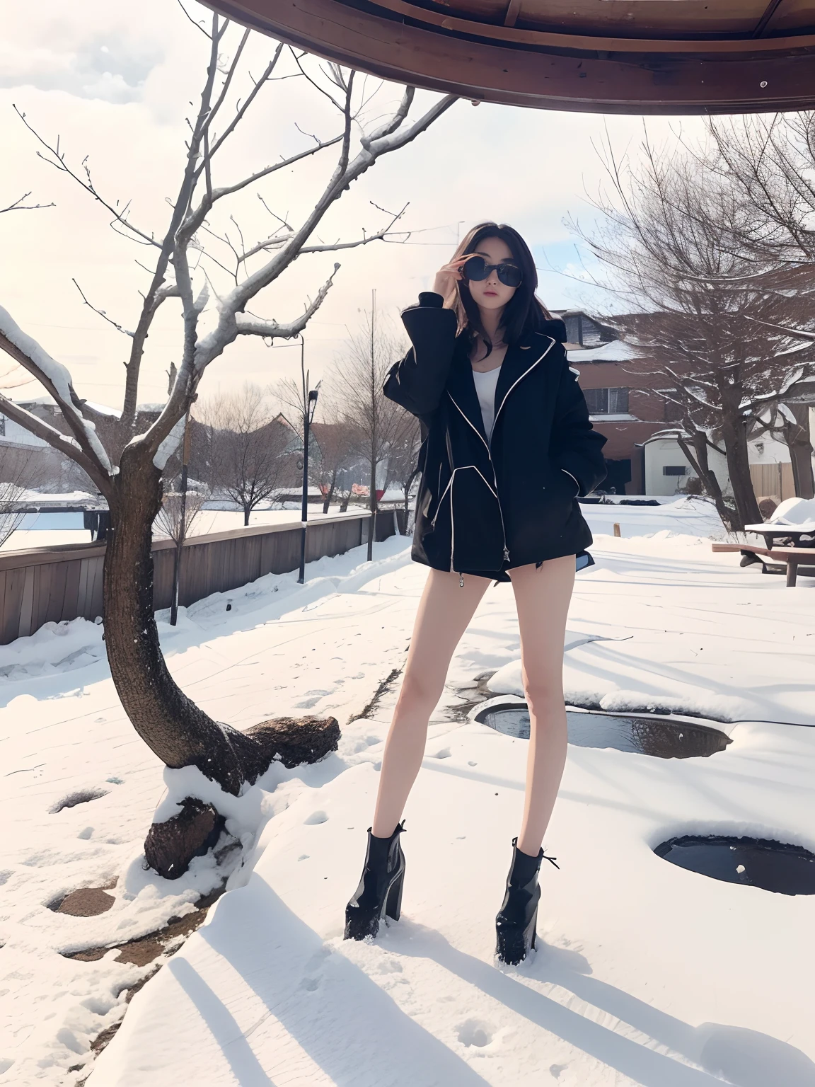 A Japanese Lady、beauitful face、二重まぶた、Big eyes、cabelos preto e longos、Black sunglasses、Black coat、beauty legs、Raw feet、Clean bare feet、pin heels、tall、super long legs、model poses、Sexy legs、Oyuki、snow blowing、snow cover、Poor visibility due to blizzard、heavy wind、Hair disheveled in the wind