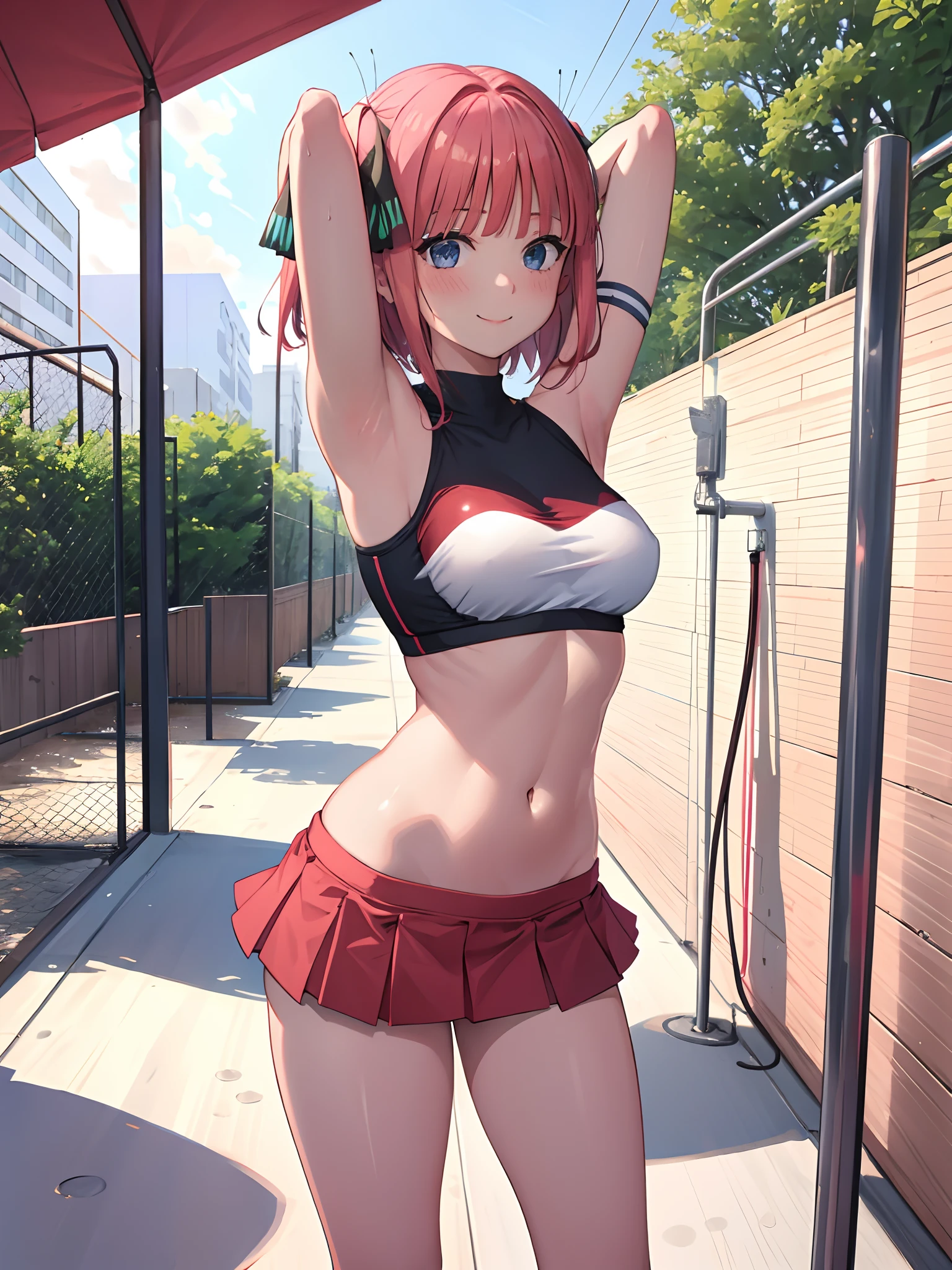 1girl, Medium tits、a navel、a miniskirt、Red Buruma、Raw feet、armpit、Beautiful thighs、is standing、outside of house、sports ground、red blush、A smile, cheerleaders、pompoms、Raising one leg、Pink medium hair、panties, upskirt