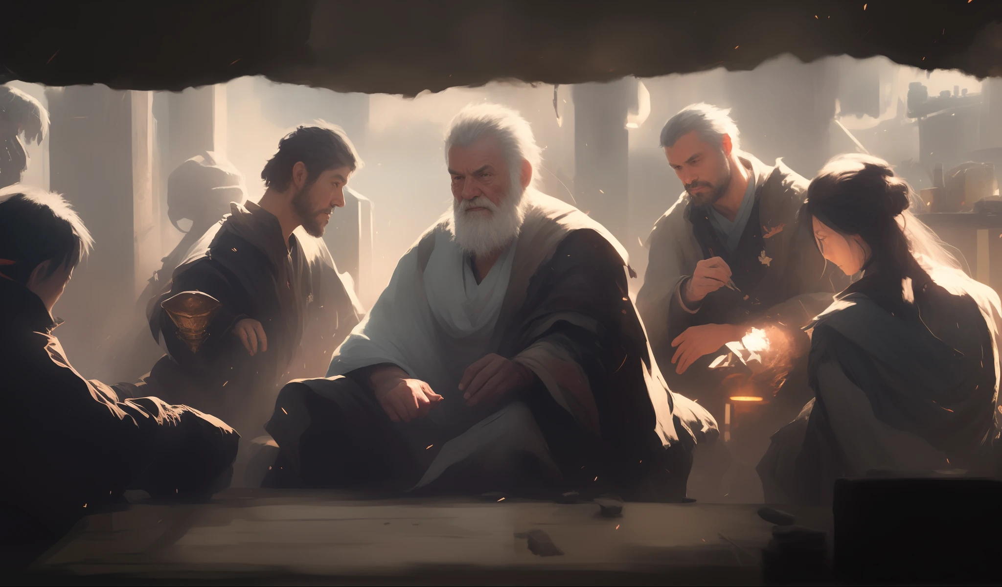there are many people sitting in a group together in a room, art of wlop and greg rutkowski, by Aleksander Gine, artwork in the style of guweiz, wojtek fus, the style of wlop, by Raymond Han, by Han Gan, digital painting concept art, by Zhou Chen, guweiz masterpiece, senior concept artist