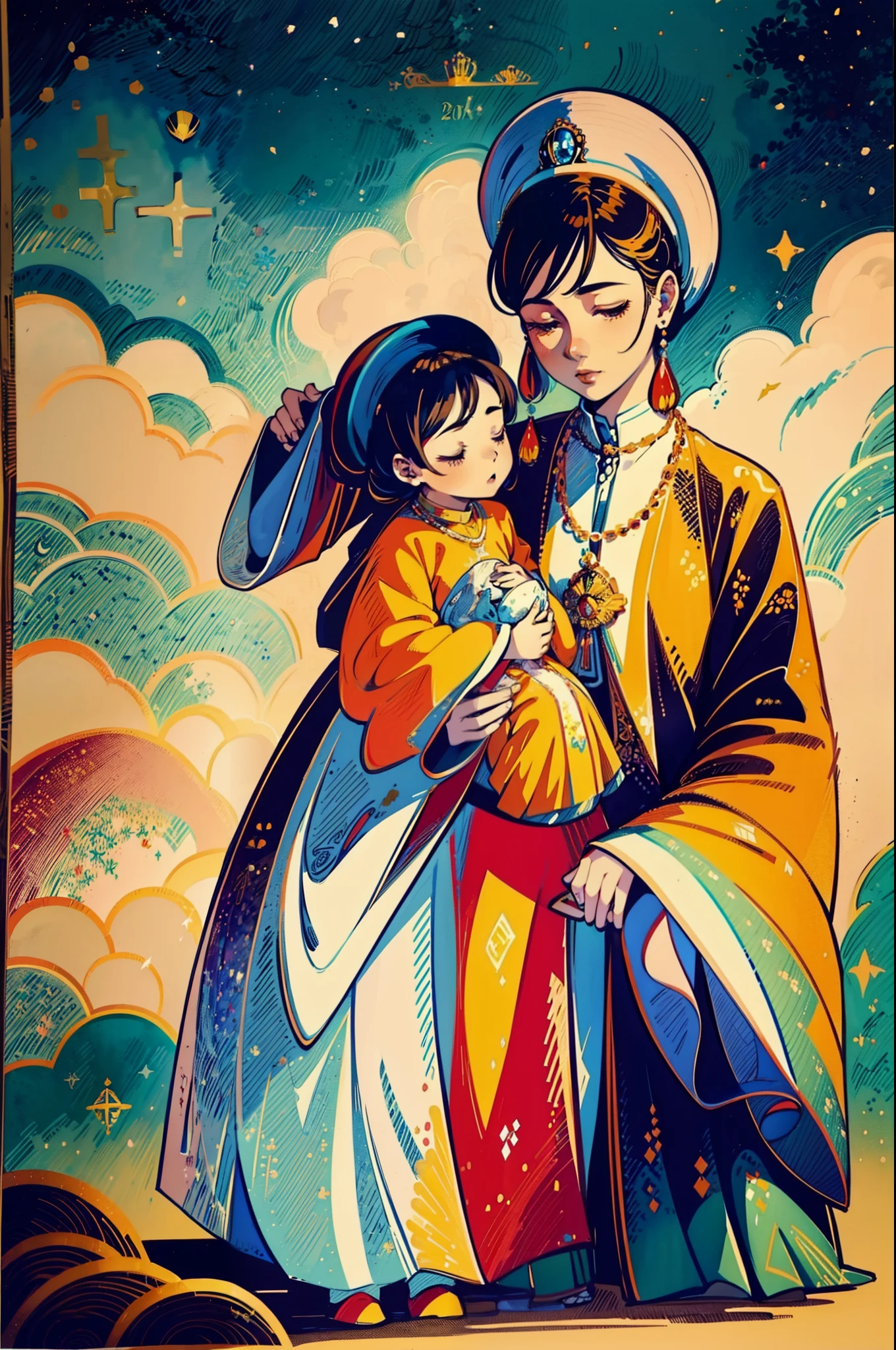 Water colour painting style, The beautiful 16-year-old queen holds a (baby prince:1.5) wearing shavings in her arms, Walking, Straight eyes, radiating a brilliant aura, Rosary handle, Crown Team, (Systemic: 2.0), Stand in the cloud, our lady, (full body: 2.0)