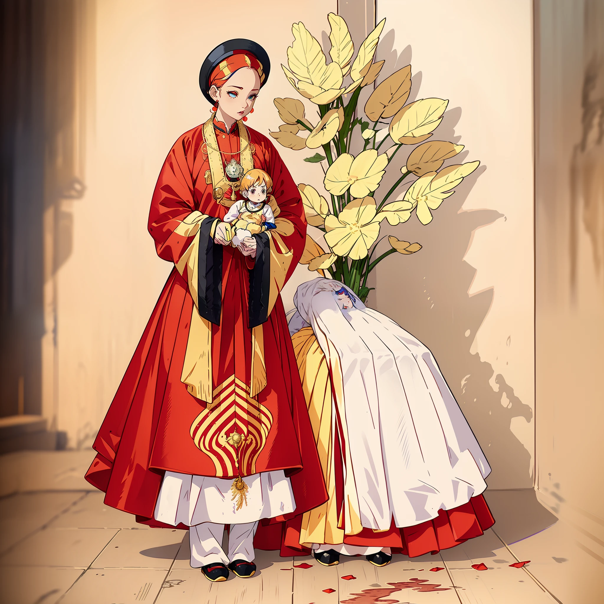 masterpiece,best quality,1girl,solo,upper body, portrait,multicolored hair, colors The beautiful -yeld qu holds a (baby prin.5) wearing shavings in her arms, Walking, Straight eyes, radiating a brilliant aura, Rosary handle, Crown Team, (Systemic: 2.0), Stand in the cloud, our lady, (full body: 2.0) anime, orgrange, with black parts. cinematic lighting, Futurism, Surrealism, anatomically correct, 4K, 8k, super detail, full body