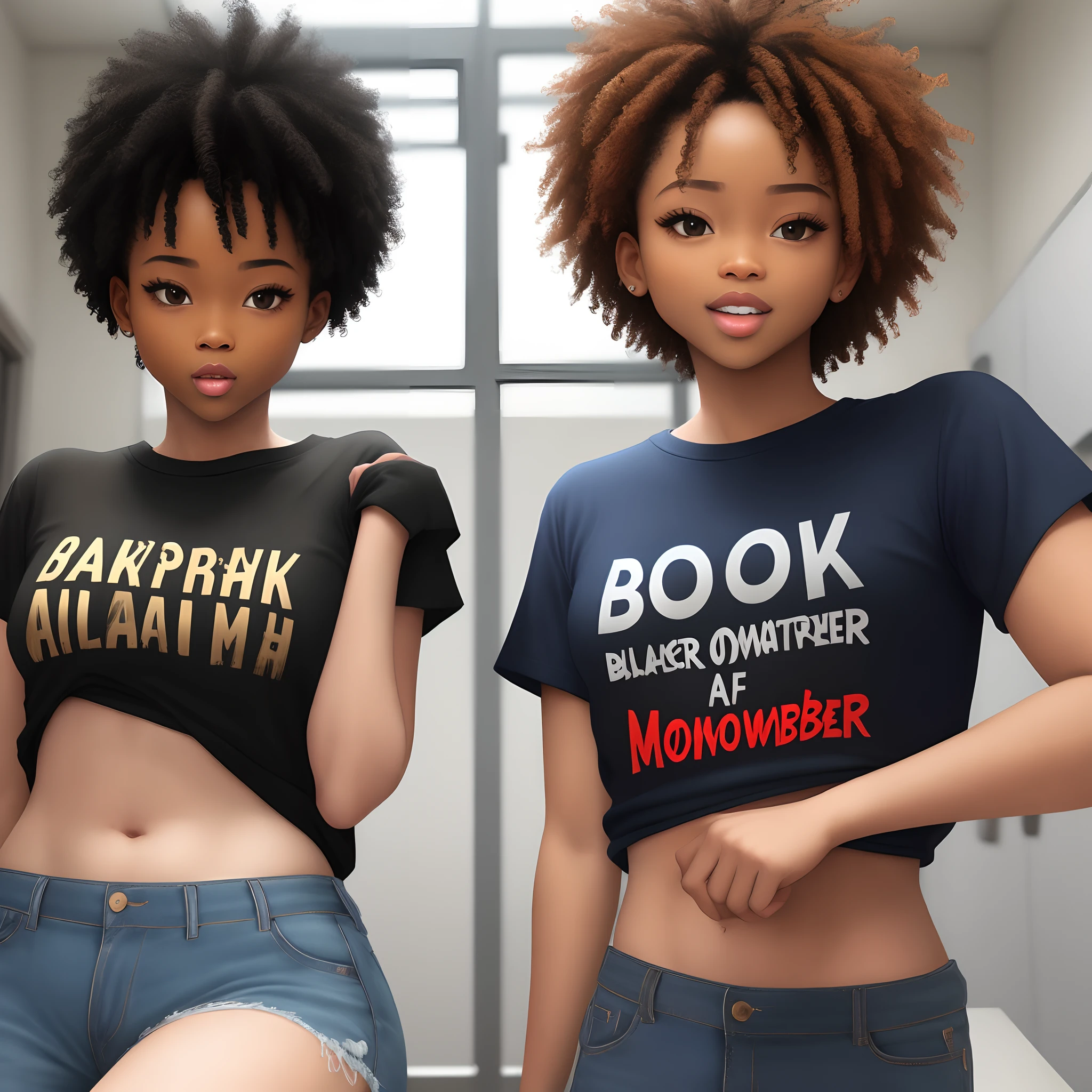 (conjoined_dicephalus), (2heads), 20-year-old black girl with two heads, afro, brown eyes, skinny, wearing a v-neck t-shirt and shorts, standing in a college dorm, texting