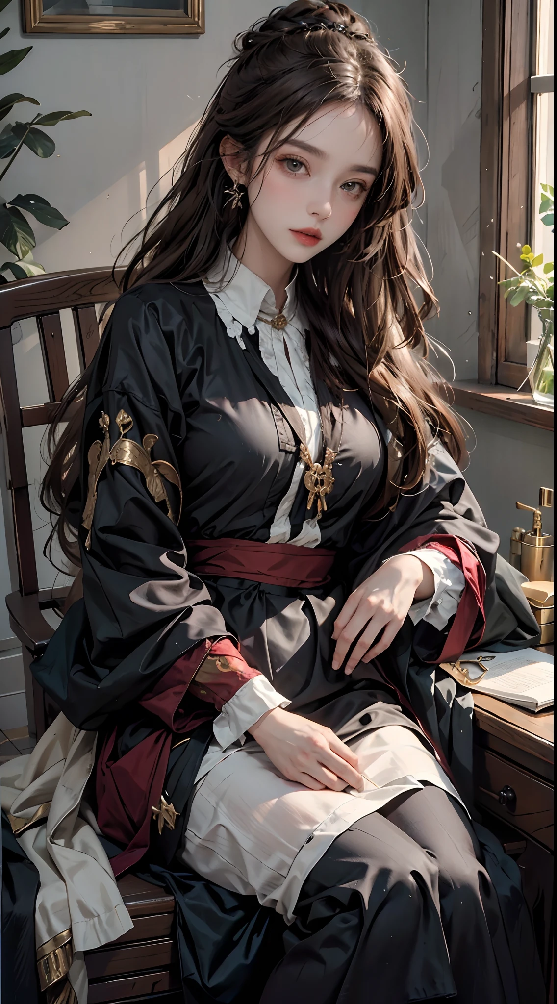 ((Masterpiece, Highest quality)), beautiful girl wearing renaissance clothing sitting at dressing table.