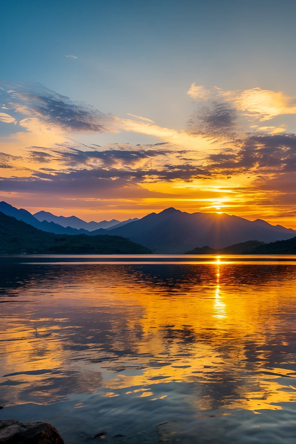 philippines breathtaking mountain and lake landscape, gorgeous golden sunset, breathtaking view, inspired by the style of Ken Duncan well known as the pioneer of landscape, in making use of dodging and burning to edit a landscape image