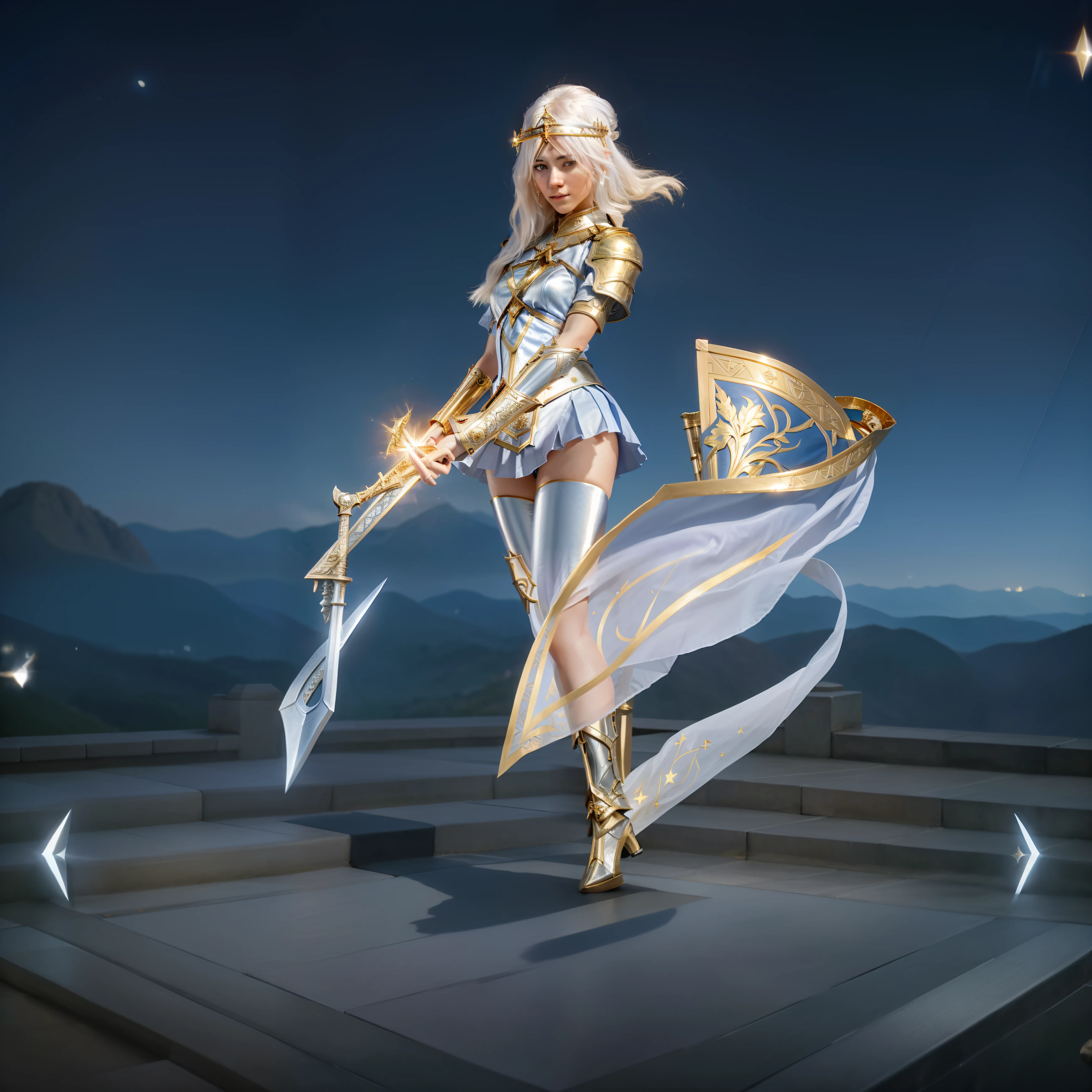 a close up of a person on a platform with a sword, ashe, beautiful celestial mage, white gold skin, elegant gold skin, knights of zodiac girl, 8k hd wallpaperjpeg artifact, 8 k hd wallpaperjpeg artifact, portrait knights of zodiac girl, cushart krenz key art feminine, lunar themed attire, angelic golden armor,realistic,4K,detail face, beautiful face