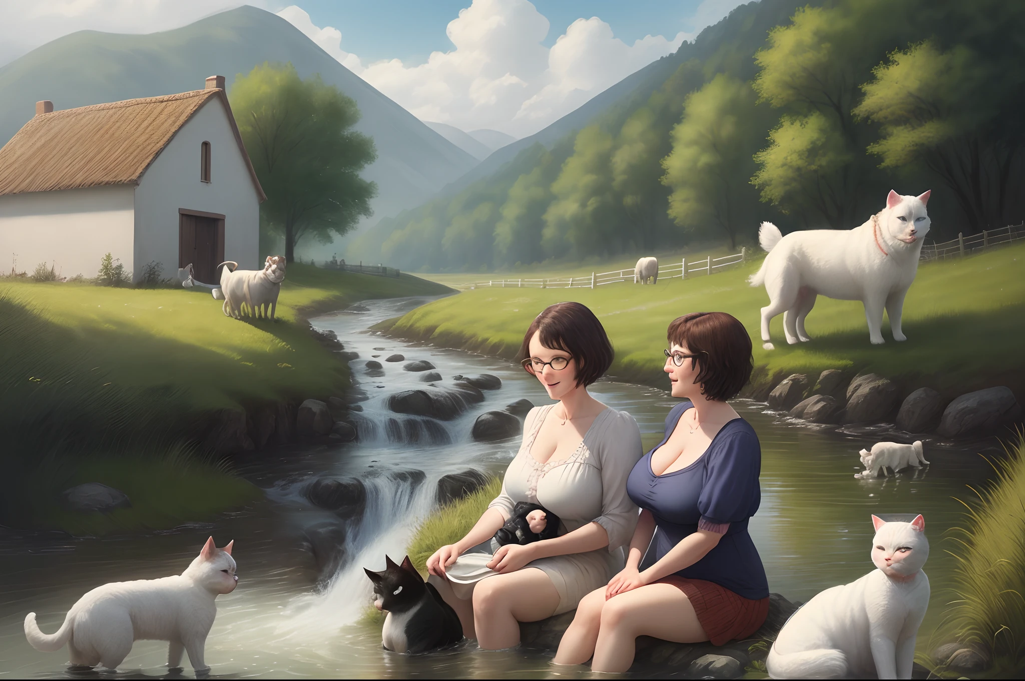 Affiche Disney, A family with a 3-year-old boy, a 2-month-old baby, A father with short hair, lunettes et barbe grisonnante, A brunette mom with shoulder-length hair and big breasts, a short-haired white dog and a white cat, in the countryside by the stream next to the cows