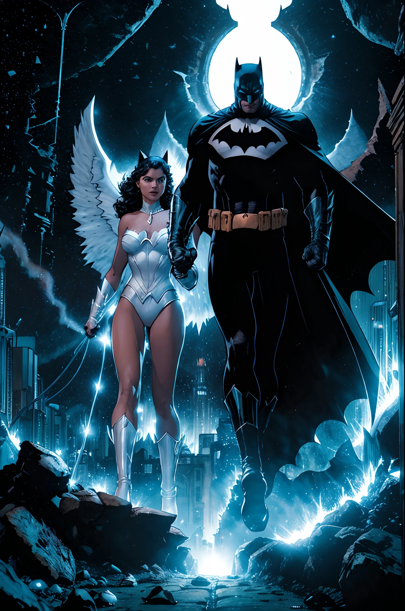 Batman esta no Inferno, Inferno de Dante, and tries to get out of the red lavas around him with the strength of the Angels of heaven who emit white light to dry the fiery lavas on the ground so he can walk and come out of the depths of darkness, Blue and white neon lights are seen on the ground and bridge the gap between hell and Earth, at the end of his walk, Batman sees Gotha city illuminated in white light, He meets the Catwoman who, illuminated by the angels in white, embraces him.