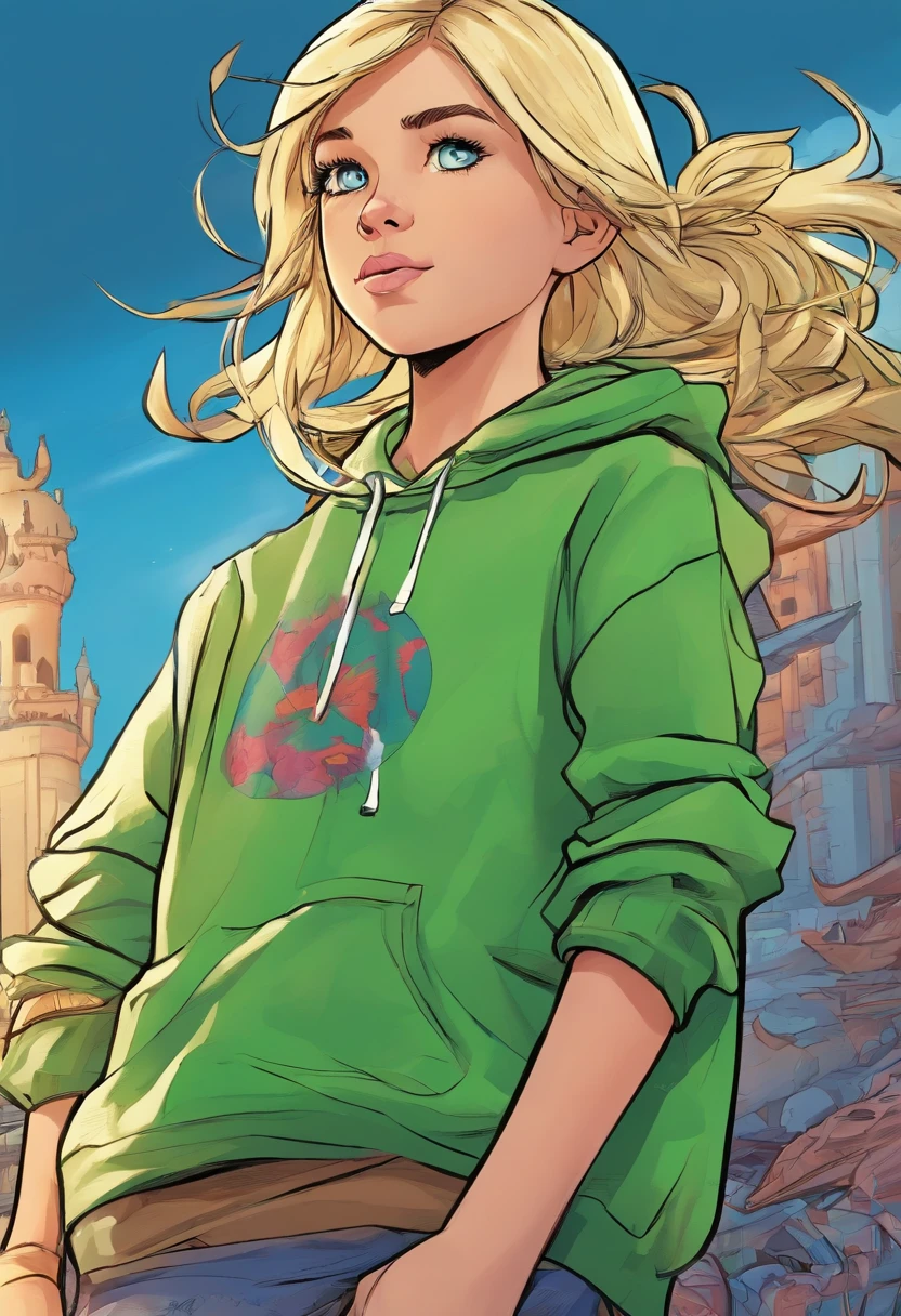 Digital Art Top Resolution 8K Image A Very Beautiful 10 Year Old Girl Blonde Blue Eyes In Green Sweatshirt In Skirt Looking At A Blue Dragon Ultra Detailed Ultra Realistic Shadows
