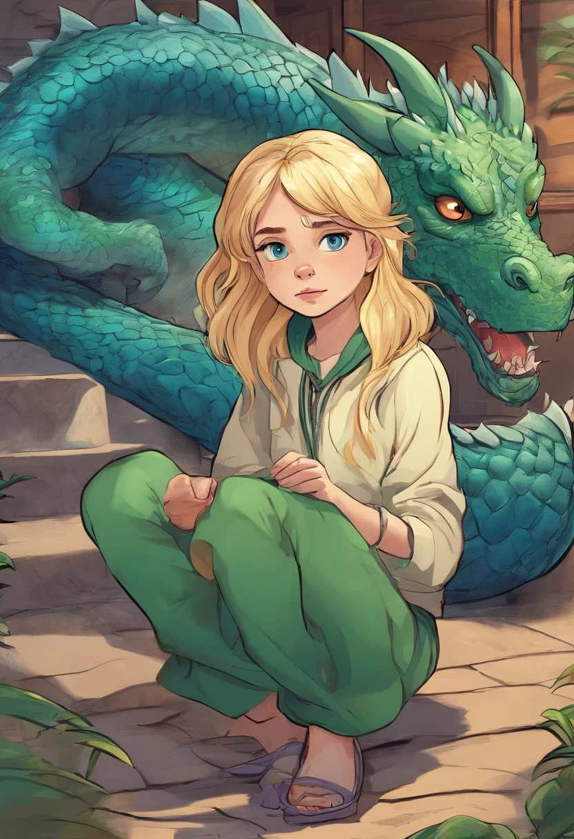 Digital Art Top Resolution 8K Image A Very Beautiful Girl Blonde Blue Eyes In Green Sweatshirt In Skirt Looking At A Blue Dragon Ultra Detailed Ultra Realistic Shadows