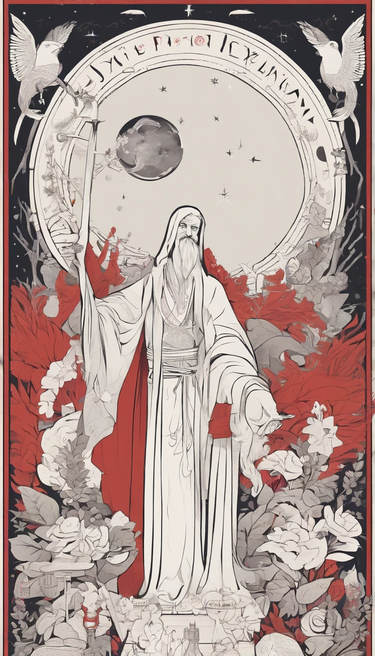 A magician stands with one arm stretched upwards towards the Universe, and the other pointing down to the earth. The Magician’s robe is white, and his cloak is red. On a table in front of him are a cup, pentacle, sword and wand. Above his head is the infinity symbol, and around his waist is a snake biting its own tail. in the foreground is an array of foliage and flowers,