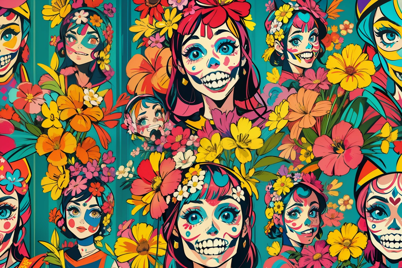 Crea obras de arte digitales en el ((estilo Pop Art)), With a vibrant and confident young Mexican Catrina,moda callejera, Film Color Scheme, Rodeado de motivos florales vintage, Pinceladas vibrantes,Emotions Must Be Dynamic, parte superior del cuerpo, dibujo, illustration, escala de grises, tropical, muchas flores,