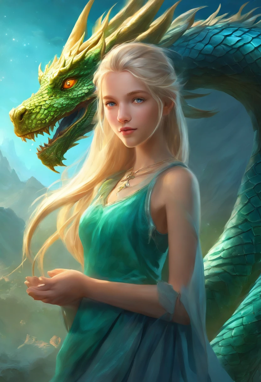 Digital Art Top Resolution 8K Image A Very Beautiful 10 Year Old Girl Blonde Blue Eyes In Green Sweatshirt In Skirt Looking At A Blue Dragon Ultra Detailed Ultra Realistic Shadows