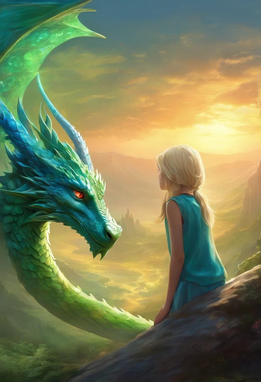 Digital Art Top Resolution 8K Image A Very Beautiful 10 Year Old Girl Blonde Blue Eyes In Green Sweatshirt In Skirt Looking At A Blue Dragon Ultra Detailed Ultra Realistic Shadows