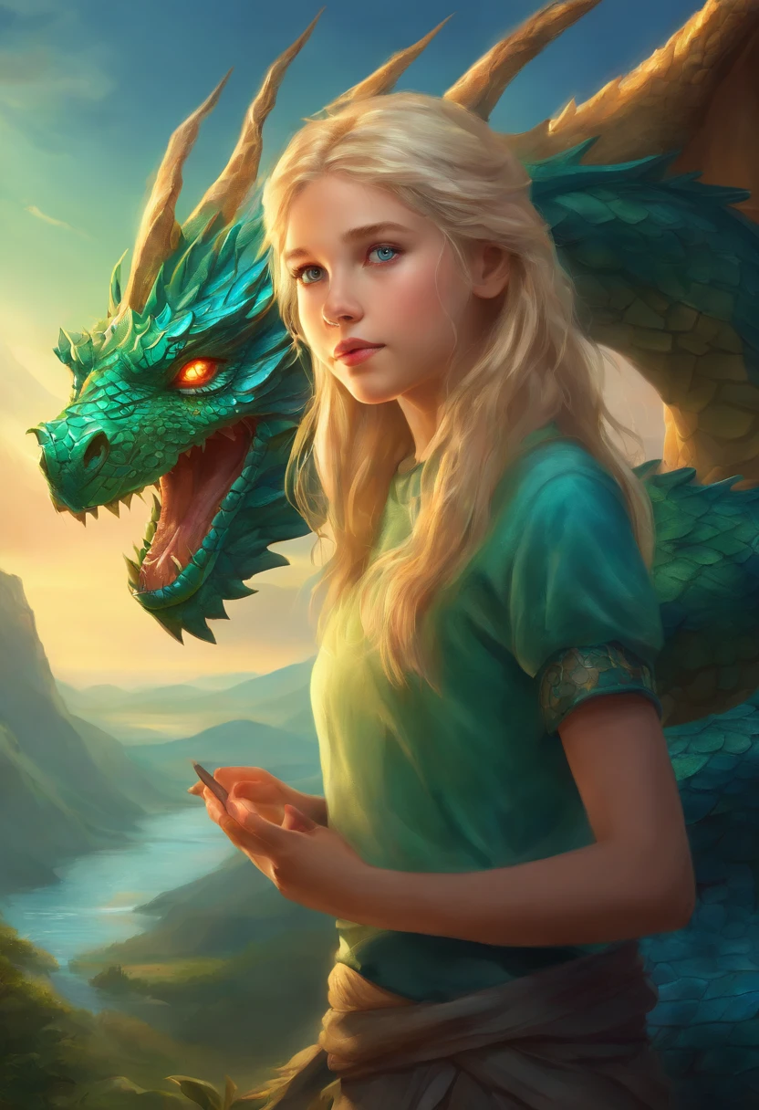 Digital Art Top Resolution 8K Image A Very Beautiful 10 Year Old Girl Blonde Blue Eyes In Green Sweatshirt In Skirt Looking At A Blue Dragon Ultra Detailed Ultra Realistic Shadows