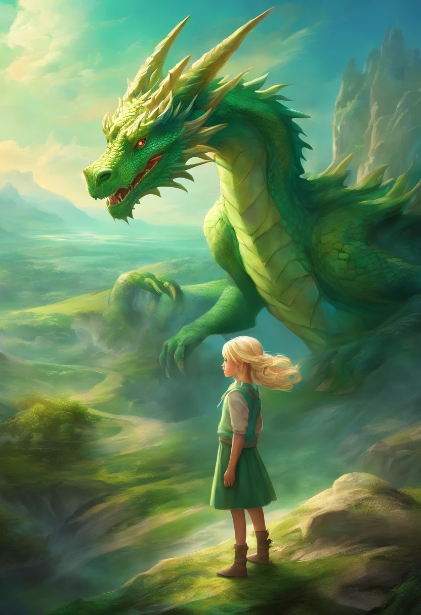 Digital Art Top Resolution 8K Image A Very Beautiful 10 Year Old Girl Blonde Blue Eyes In Green Sweatshirt In Skirt Looking At A Blue Dragon Ultra Detailed Ultra Realistic Shadows