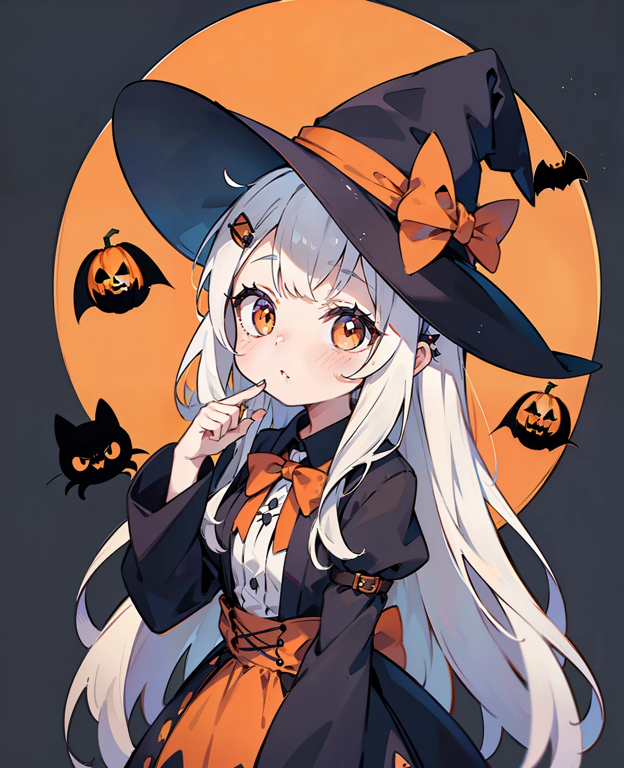 masterpiece, (1girl), big eyes, kawaii, cute, deep background, tilted head, halloween, halloween theme, witch, witch hat, broom, bats, spiders, black cat, pumpkins, spooky mood, orange outfit, detailed outfit, detailed accessories, ribbons, hair pins, pretty girl, pretty face, best quality, best resolution